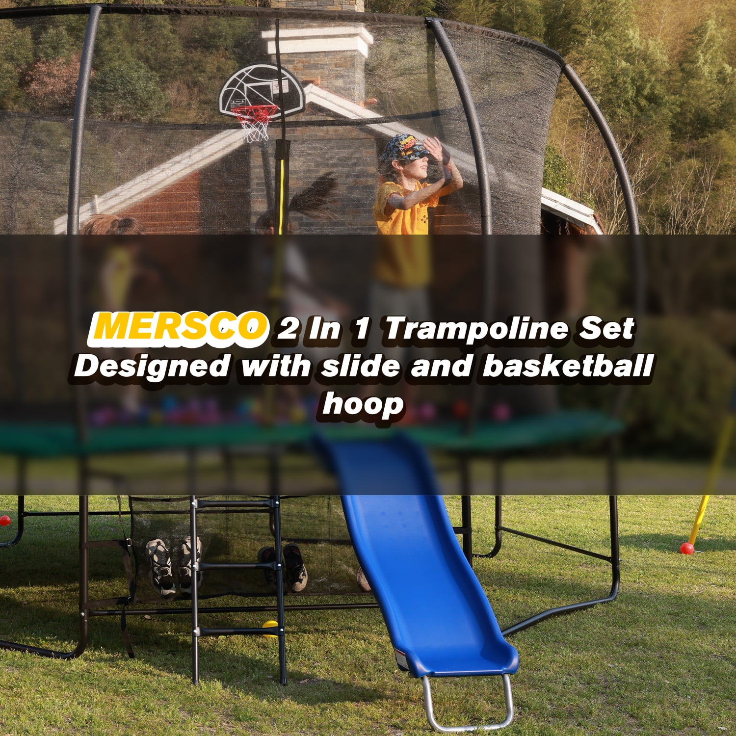 Mersco 10 ft Heavy Duty Outdoor Trampoline with Enclosure Net, Slide, and Basketball Hoop (Blue, 10 ft) 7vhxm