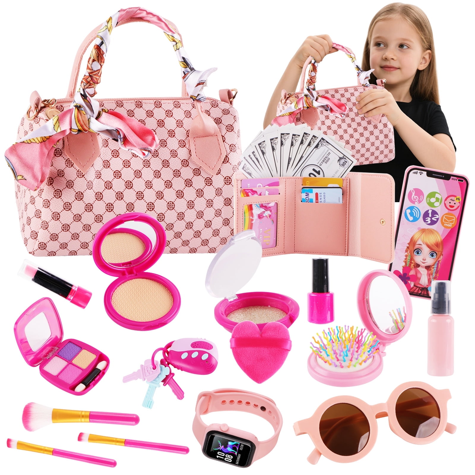 TiokMc Pretend Play Purse Set for Girls, 38-Piece Toddler Handbag with Makeup Toys and Accessories (Pink, 1.01 lb) 0741z