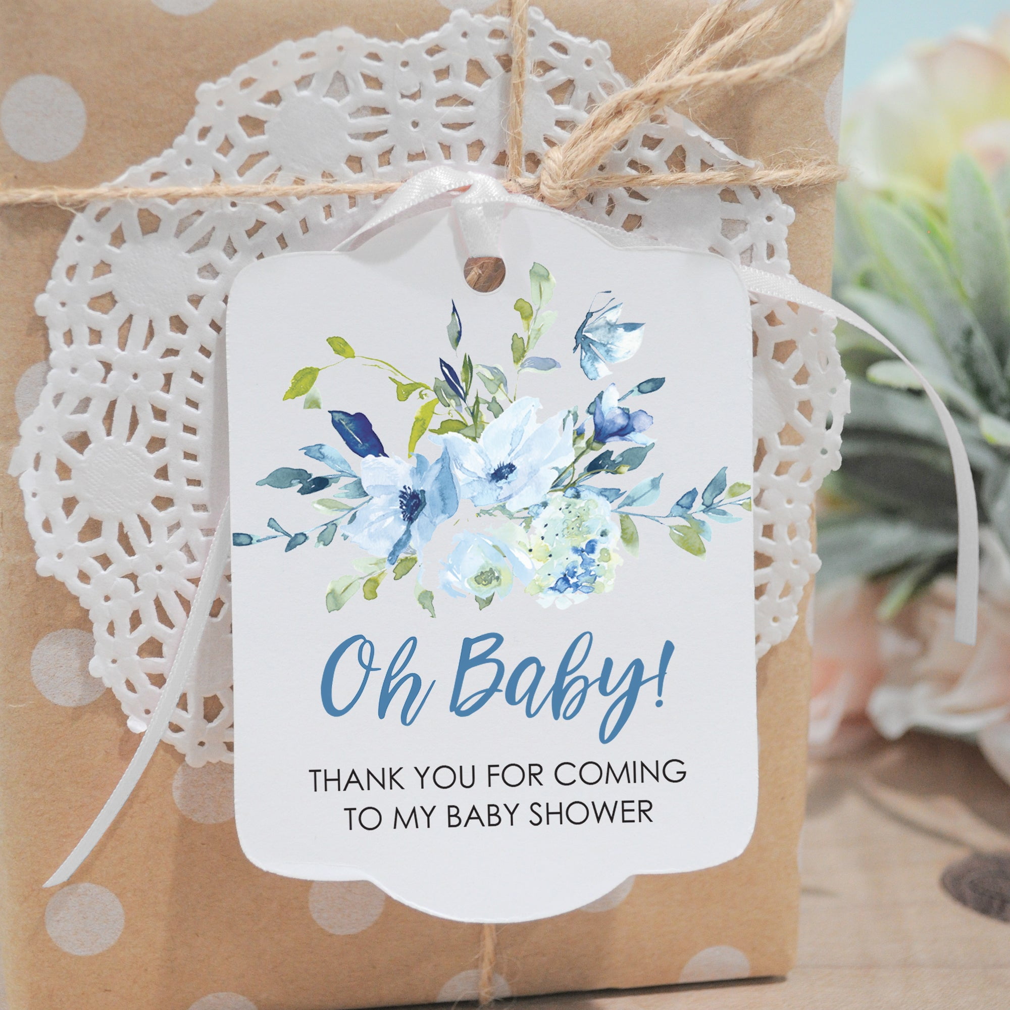 So Sweet Party Shop Baby Shower Favor Tags Blue Floral Rounded (Set of 24) s2qeu