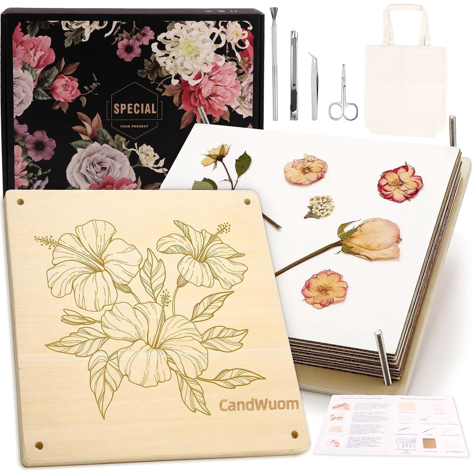 CandWuom Large Wooden Flower Press Kit, DIY Botanical Drying Craft Set for Bouquet Preservation (White, 11 in x 11 in) x2mbi