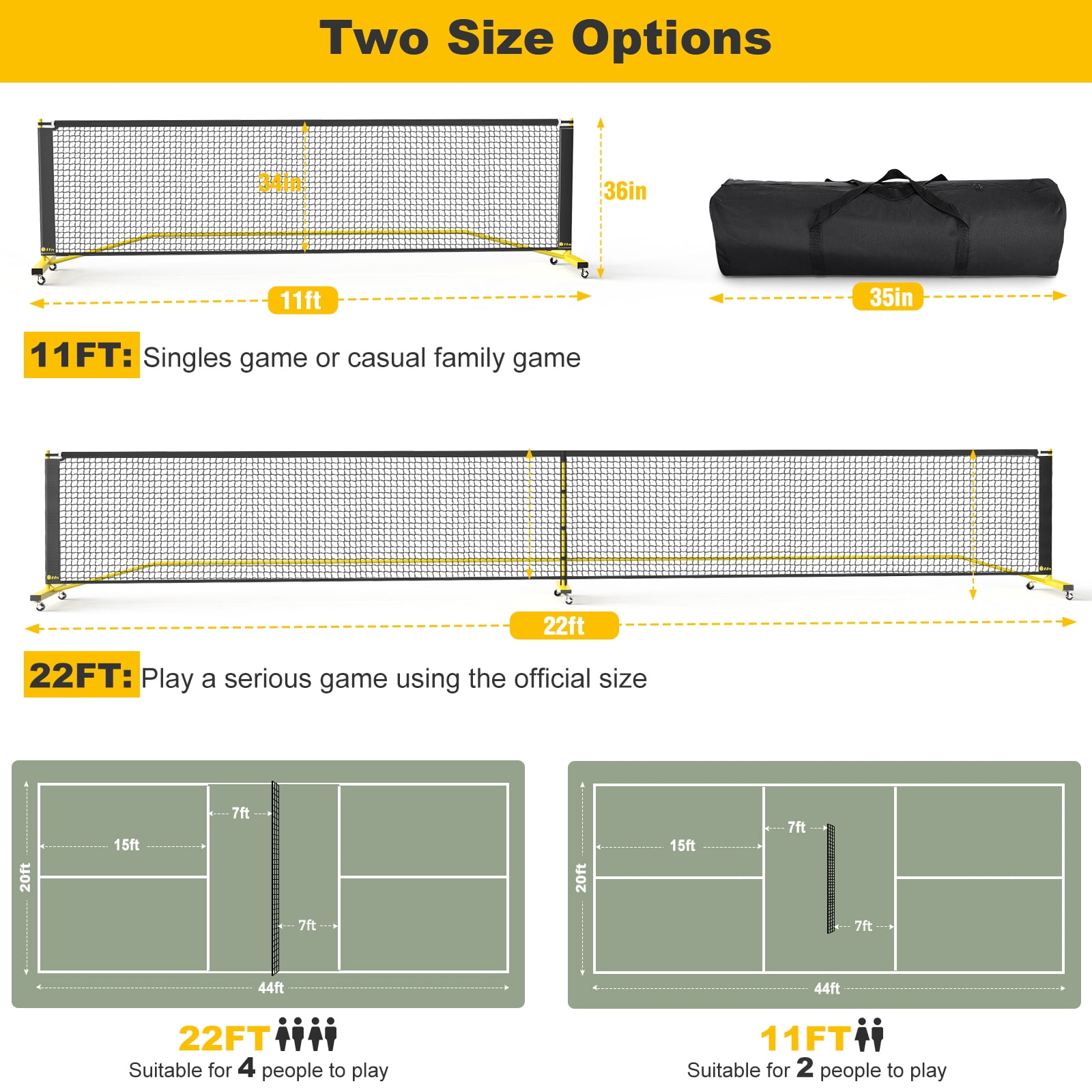 GIKPAL Portable Pickleball Net System with Wheels, Adjustable 22 ft and 11 ft Width (Yellow, 22 ft) 0638z