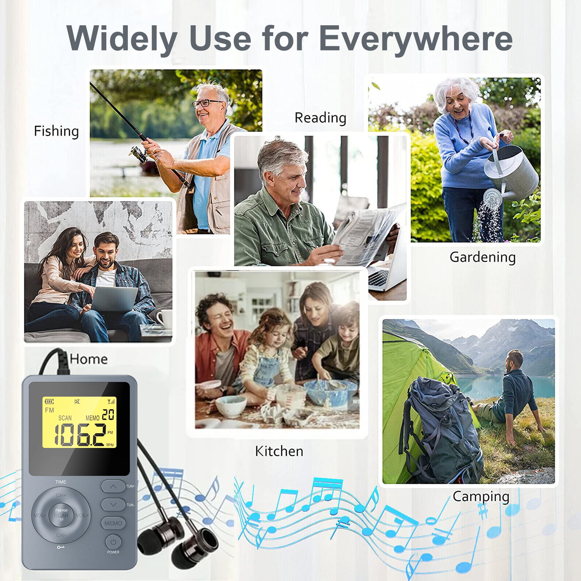 SENLNES Portable AM/FM Digital Radio with LCD Display and SD Card Slot (Grey, 3.4 in x 1.9 in x 0.47 in) 4p0dx
