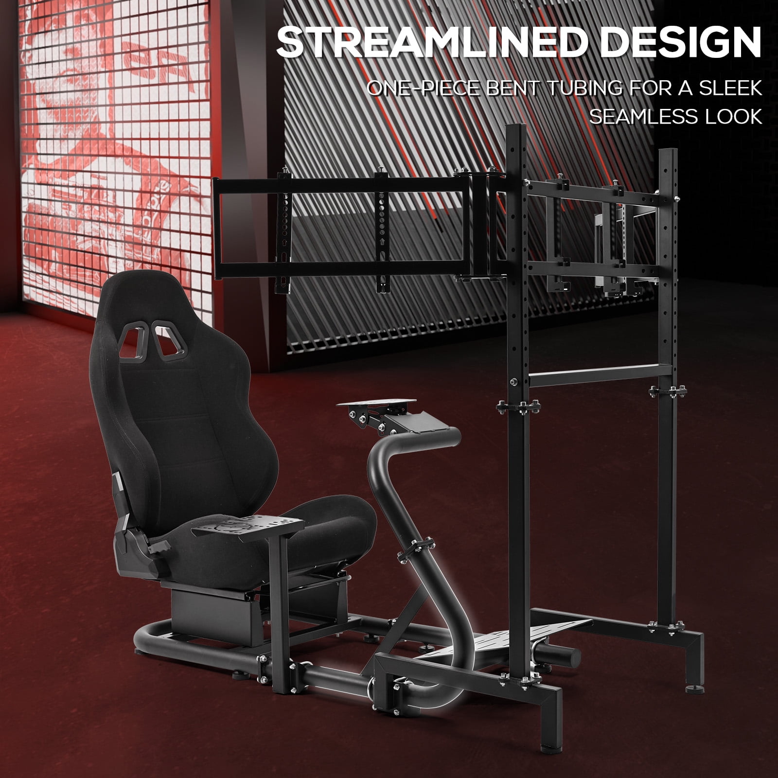 Supllueer Racing Simulator Cockpit with Triple Monitor Stand and Adjustable Seat (Black, 50 in x 24 in x 45 in) 5strn