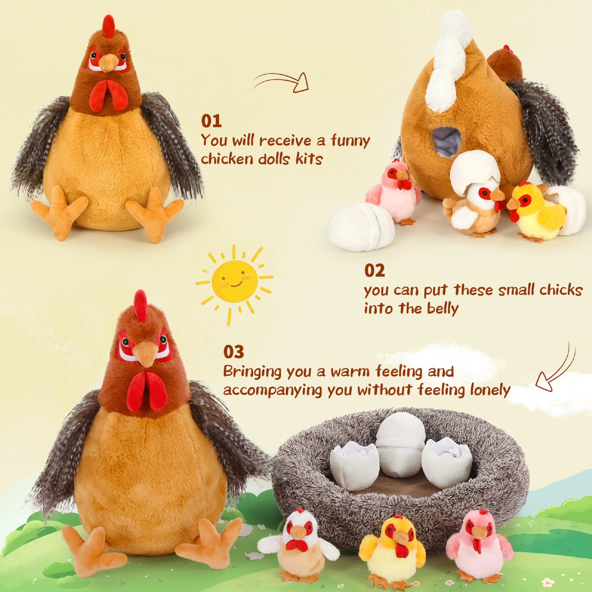 MaoGoLan Chicken Stuffed Animal Set with Plush Chicks and Nest (Brown, 8-Piece Set) l0k0p