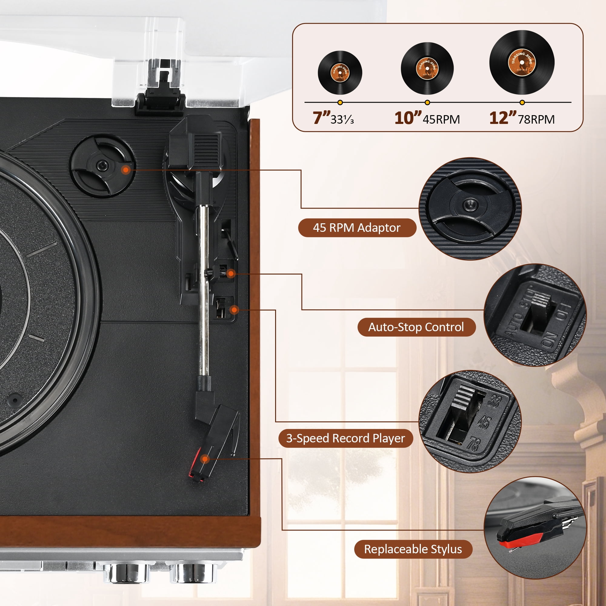 RetroAudio 10-in-1 Vintage Turntable System with Dual External Speakers, Bluetooth Connectivity, CD and Cassette Player (Brown) ltp6i