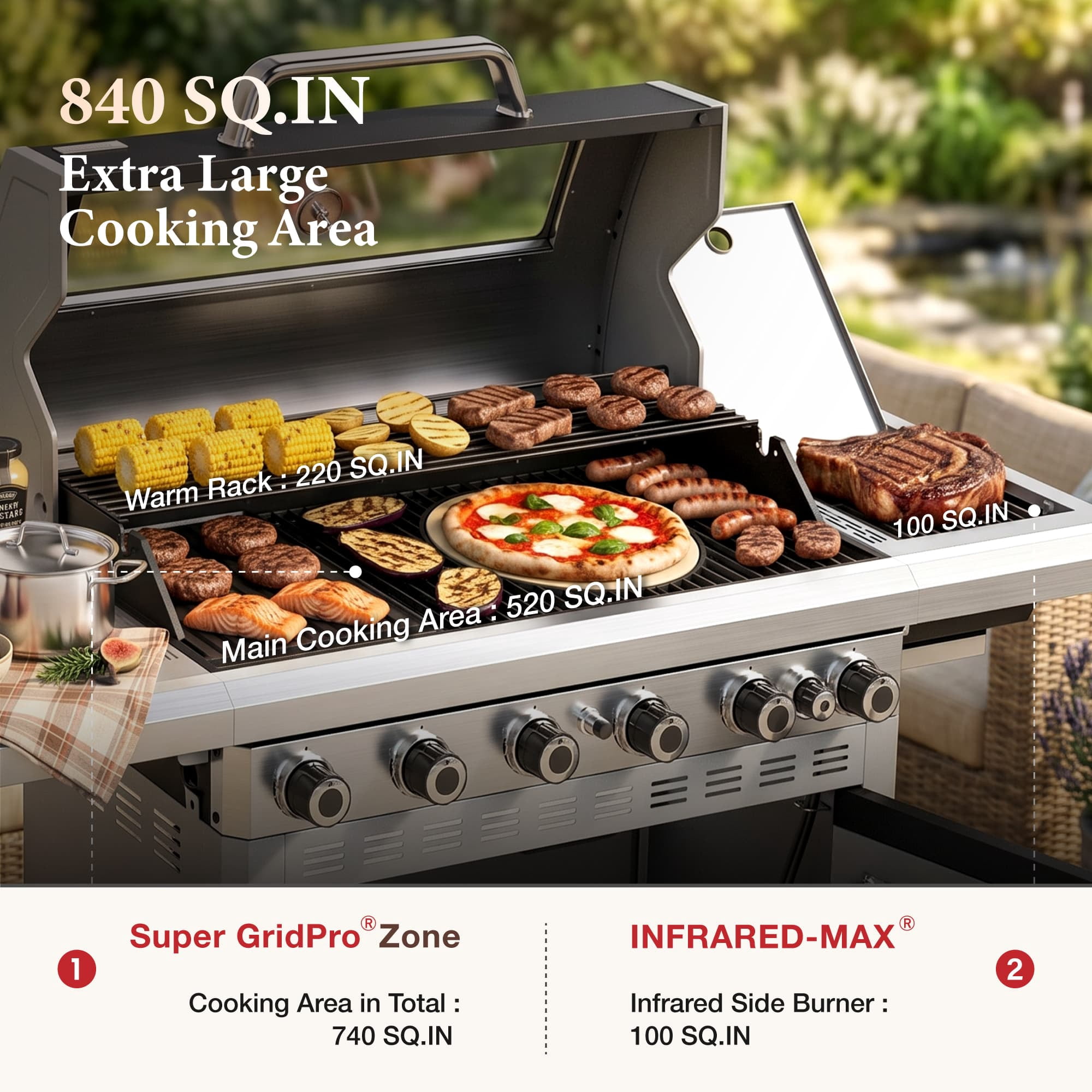 MF Studio 6-Burner Propane Gas Grill with Infrared Side Burner and Griddle Zone (Black, 840 sq.in) w78tr