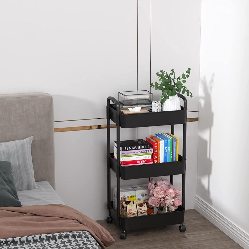 COWIN 3-Tier Metal Rolling Utility Cart with 6 Hooks (Black, 17 in x 15 in x 34 in) 7wkkx