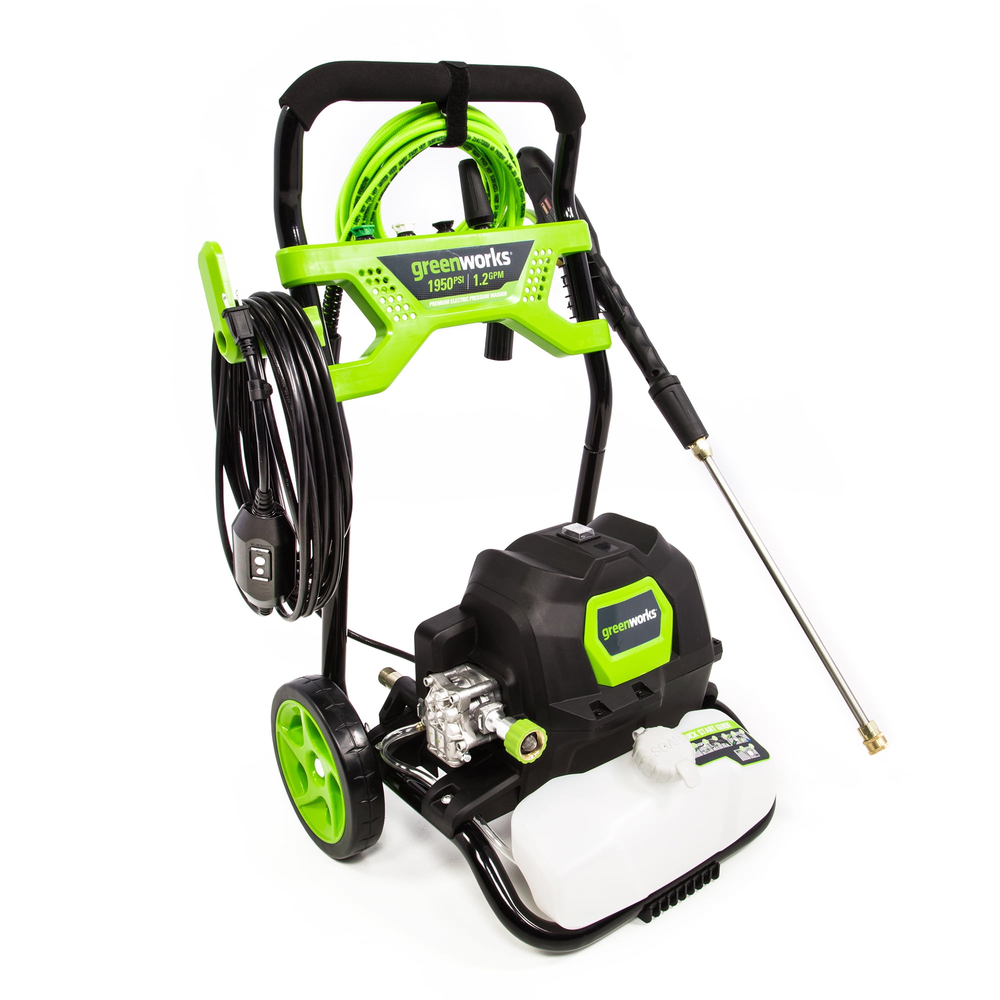 Greenworks 1950-PSI 13 Amp Electric Pressure Washer with 20-ft Hose and 4 Nozzles (Green, 32 lb) 2wlbn