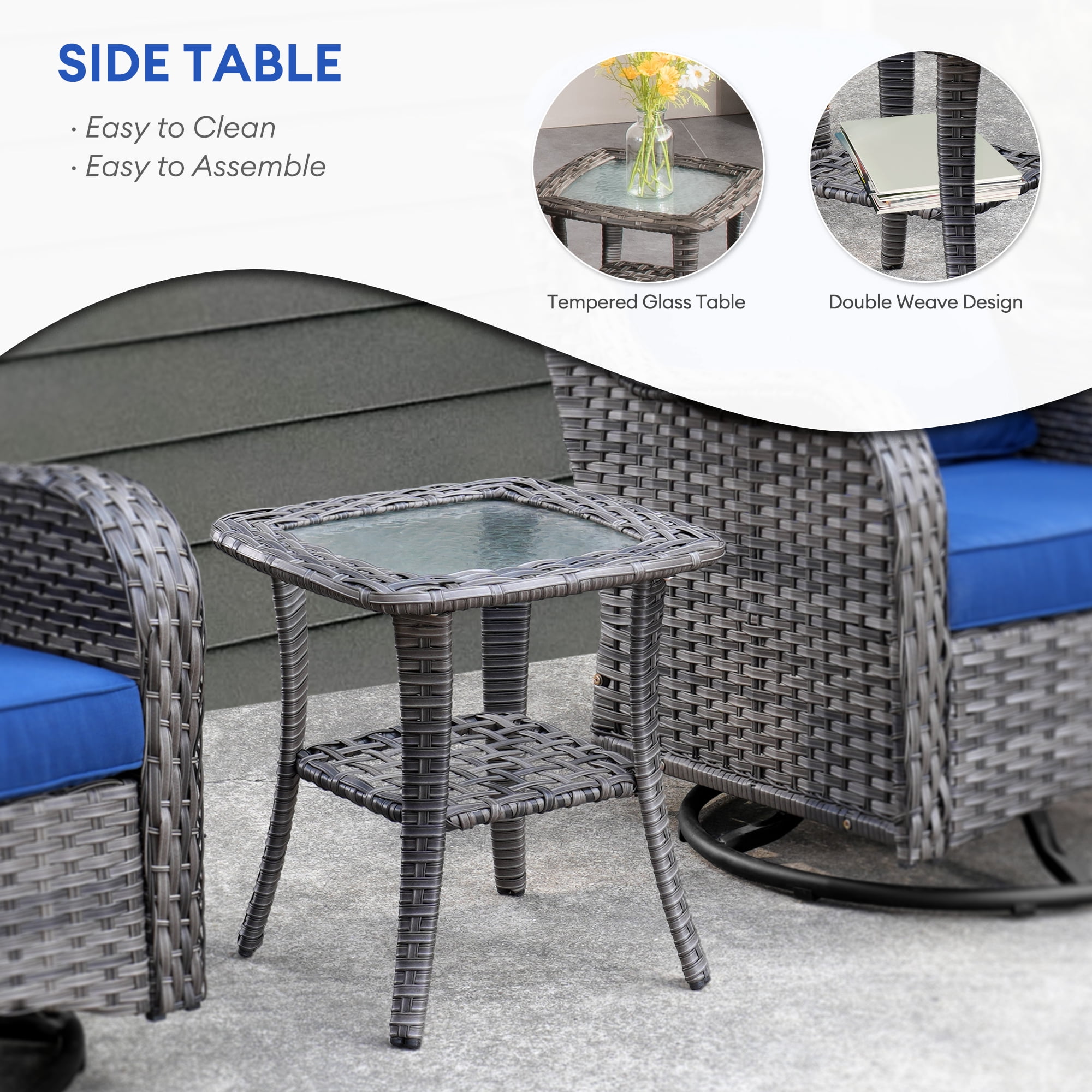 Ovios 3-Piece Patio Wicker Bistro Set with Swivel Rocking Chairs and Cushions (Blue, 3-Piece Set) acfyk