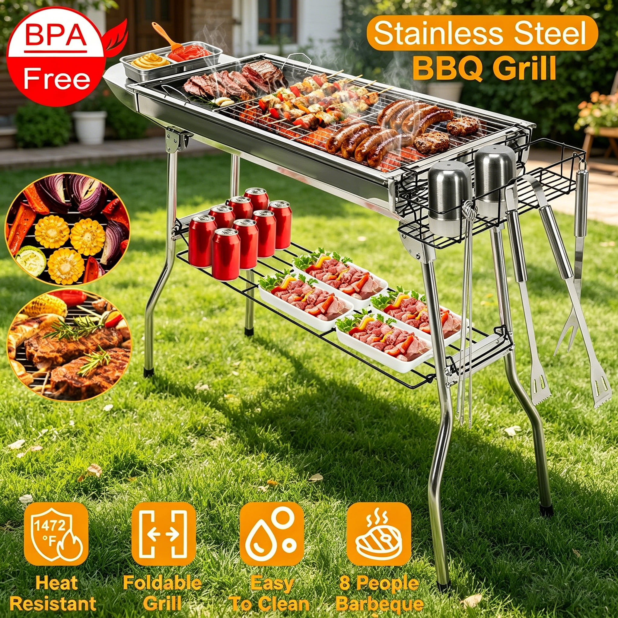 Generic Portable Foldable Charcoal BBQ Grill Stainless Steel Outdoor Cooking Station (Silver, 39 in) svwow