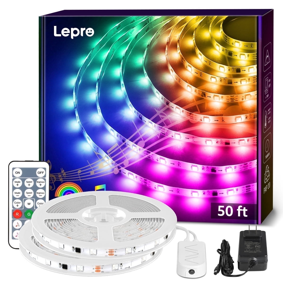 Lepro Music Sync LED Strip Lights, Waterproof RGB Color Changing Tape for Bedroom and Gaming (49.2 ft) 630j0