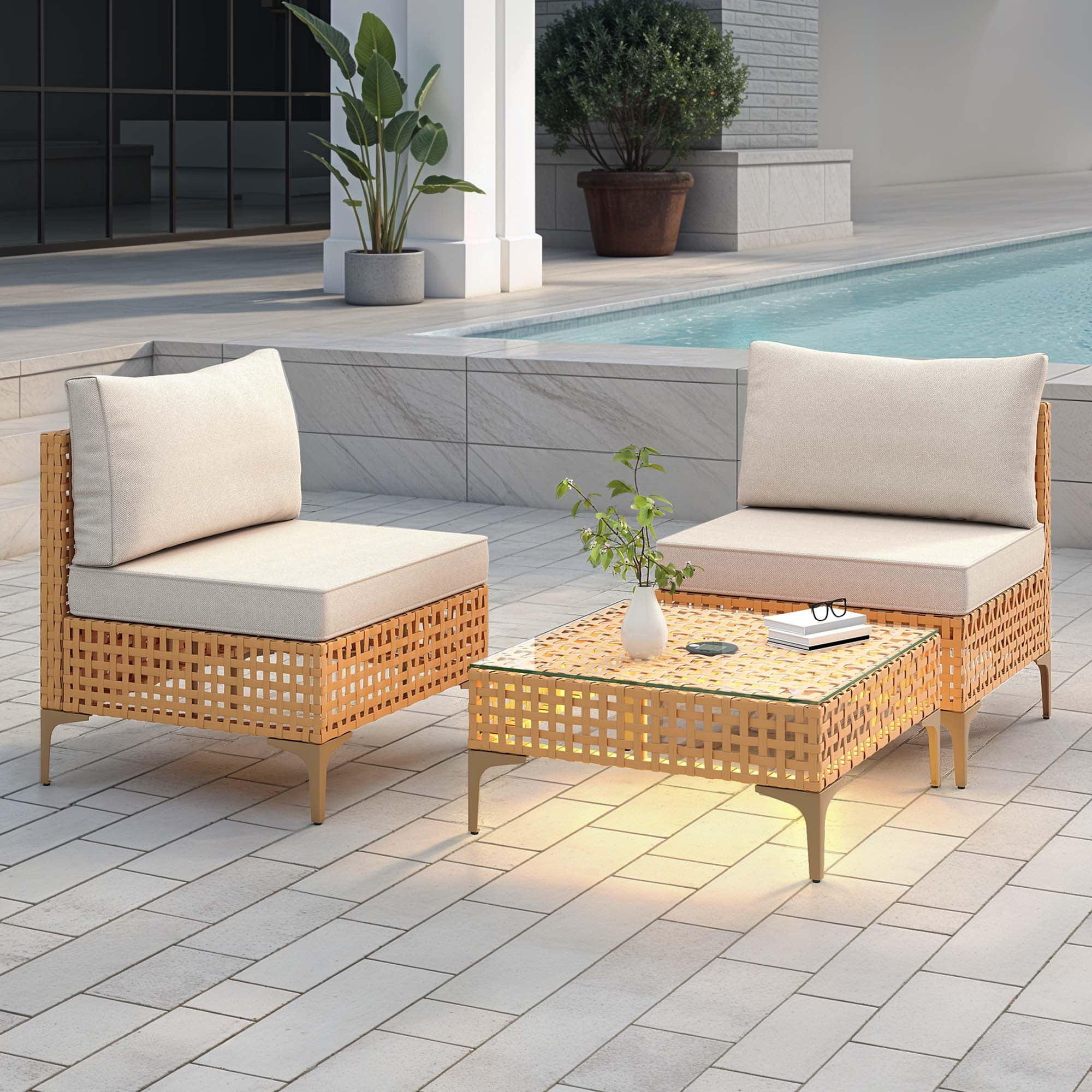 Uforic 3-Piece Outdoor Patio Furniture Set, Rattan Wicker Conversation Bistro Set with Solar LED Coffee Table (Beige, 3 Pieces) e8a6s