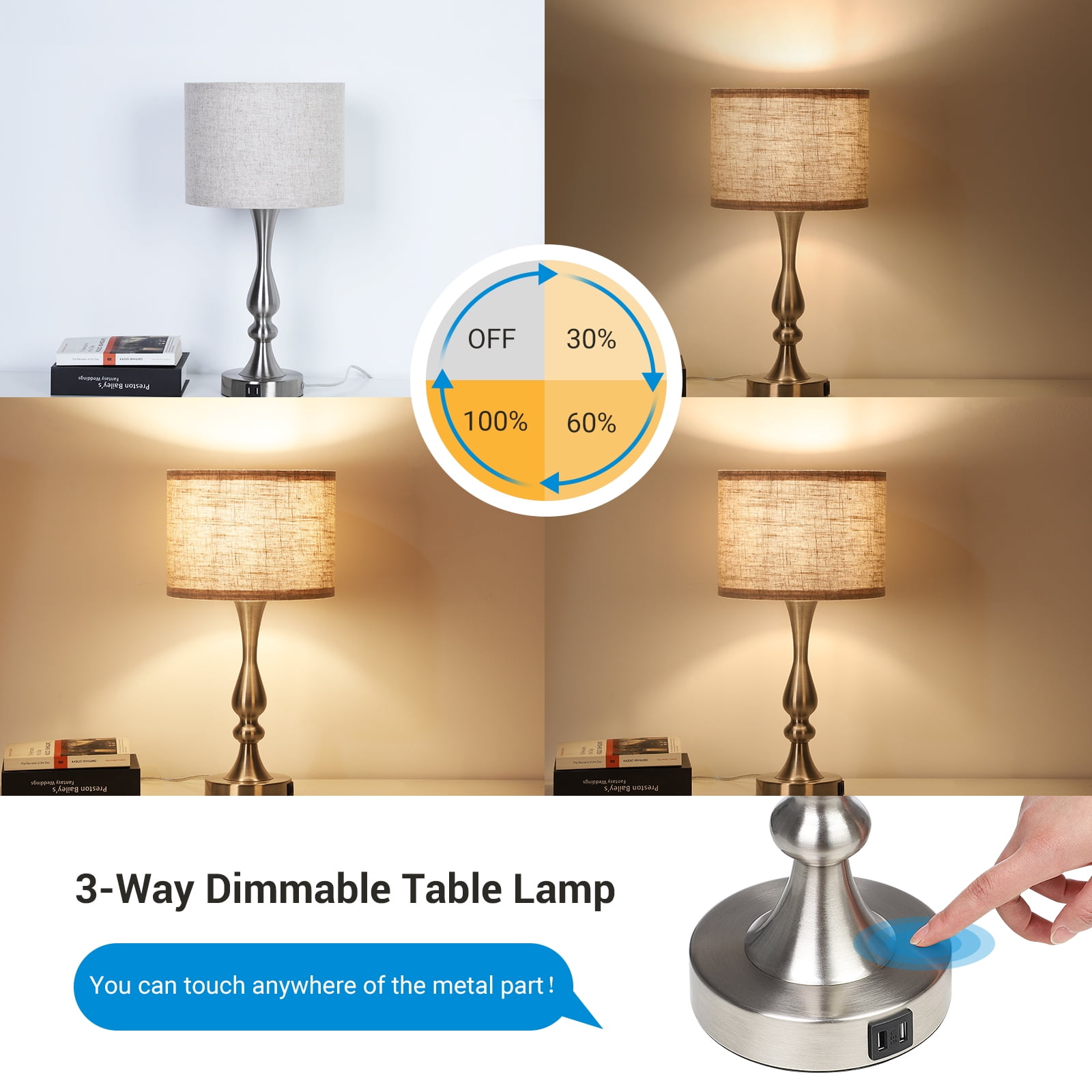 EDISHINE 3-Way Dimmable Table Lamps with USB Charging Ports (Set of 2, 2-Pack) 5fnya