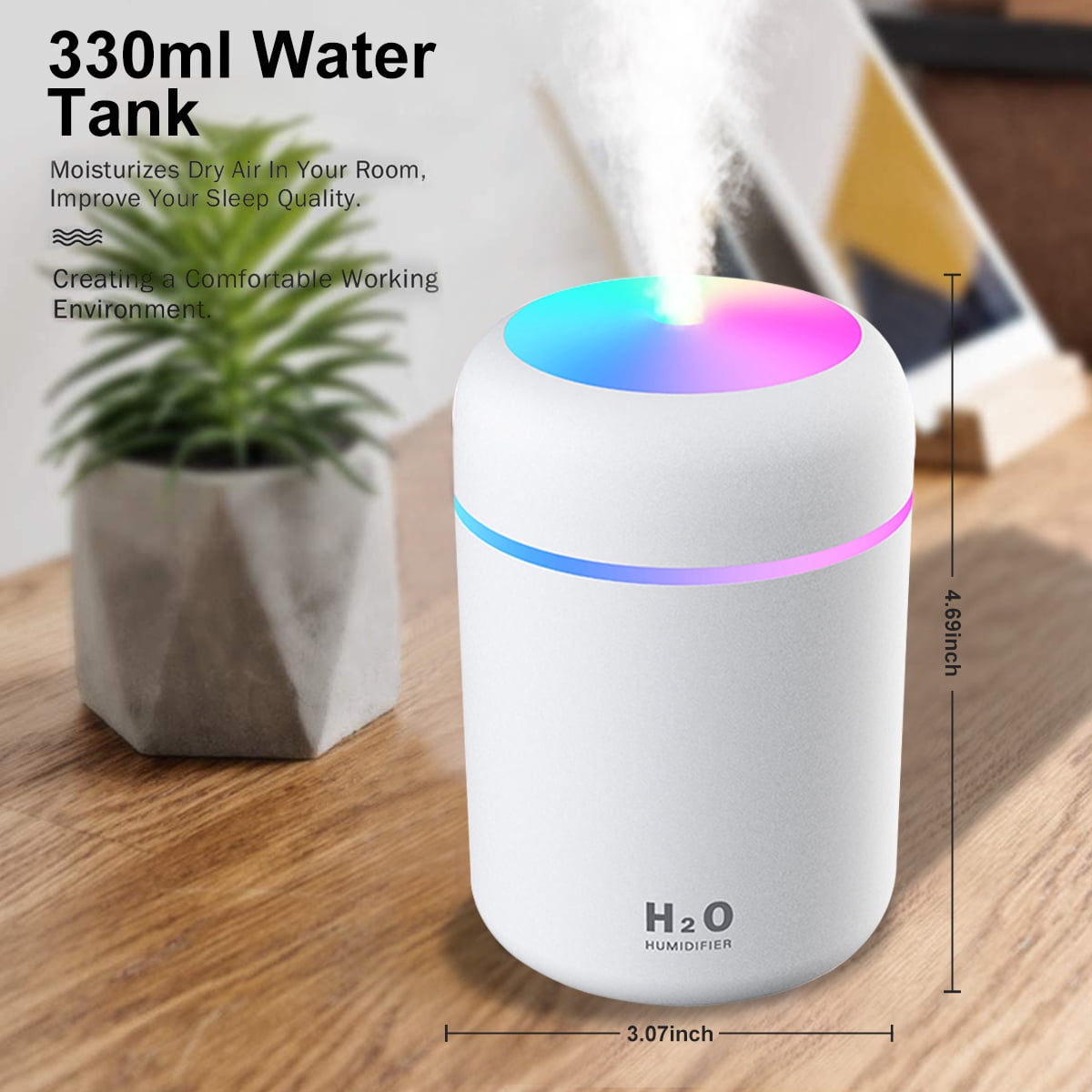 AWLYLNLL Portable Cool Mist Humidifier, Quiet Ultrasonic Desktop Personal Humidifier with LED Night Light (White, 10 fl oz) qtztv