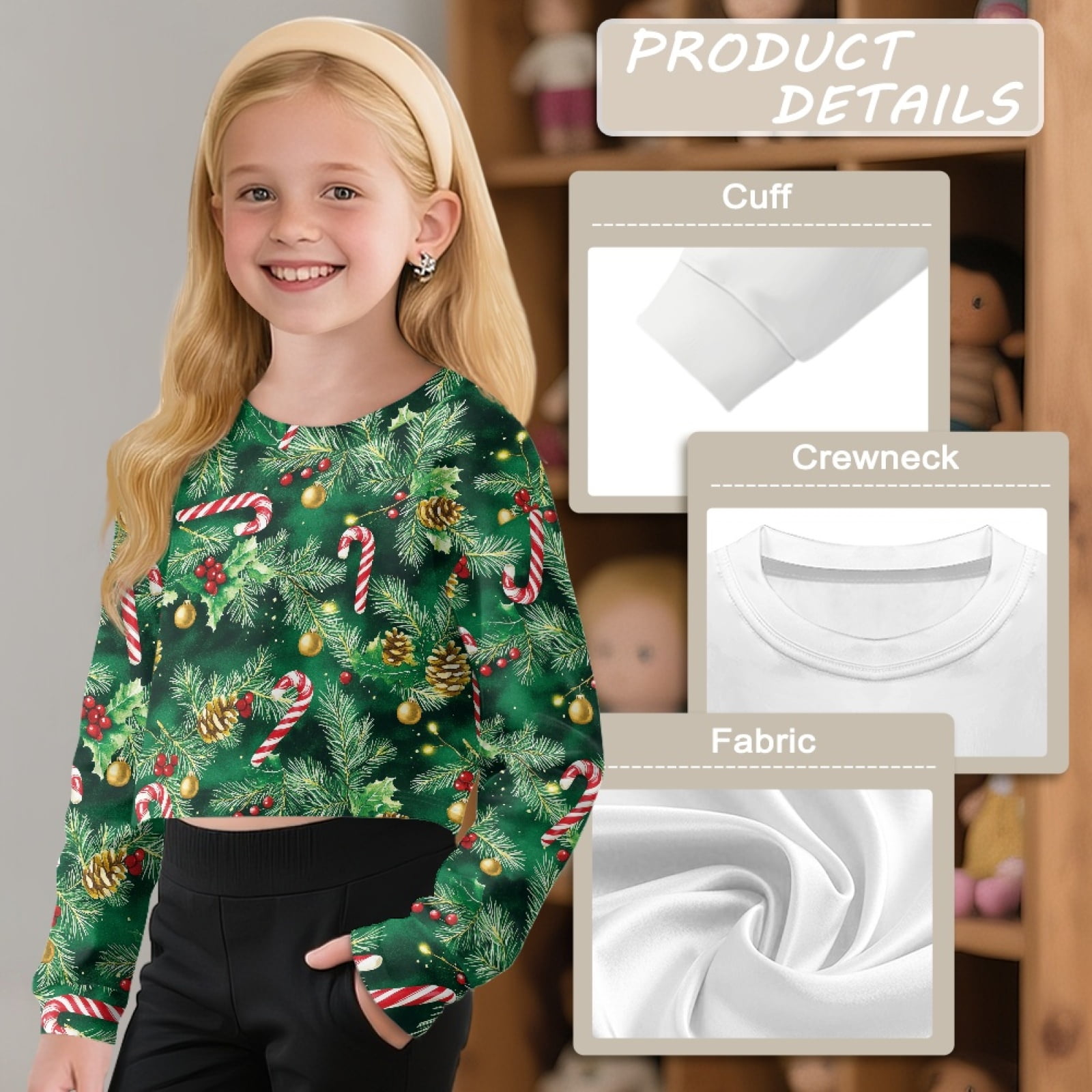 Xoenoiee Girls Christmas Print Cropped Sweatshirt Long Sleeve Pullover (Multi, 7-8 Years) mxjtx