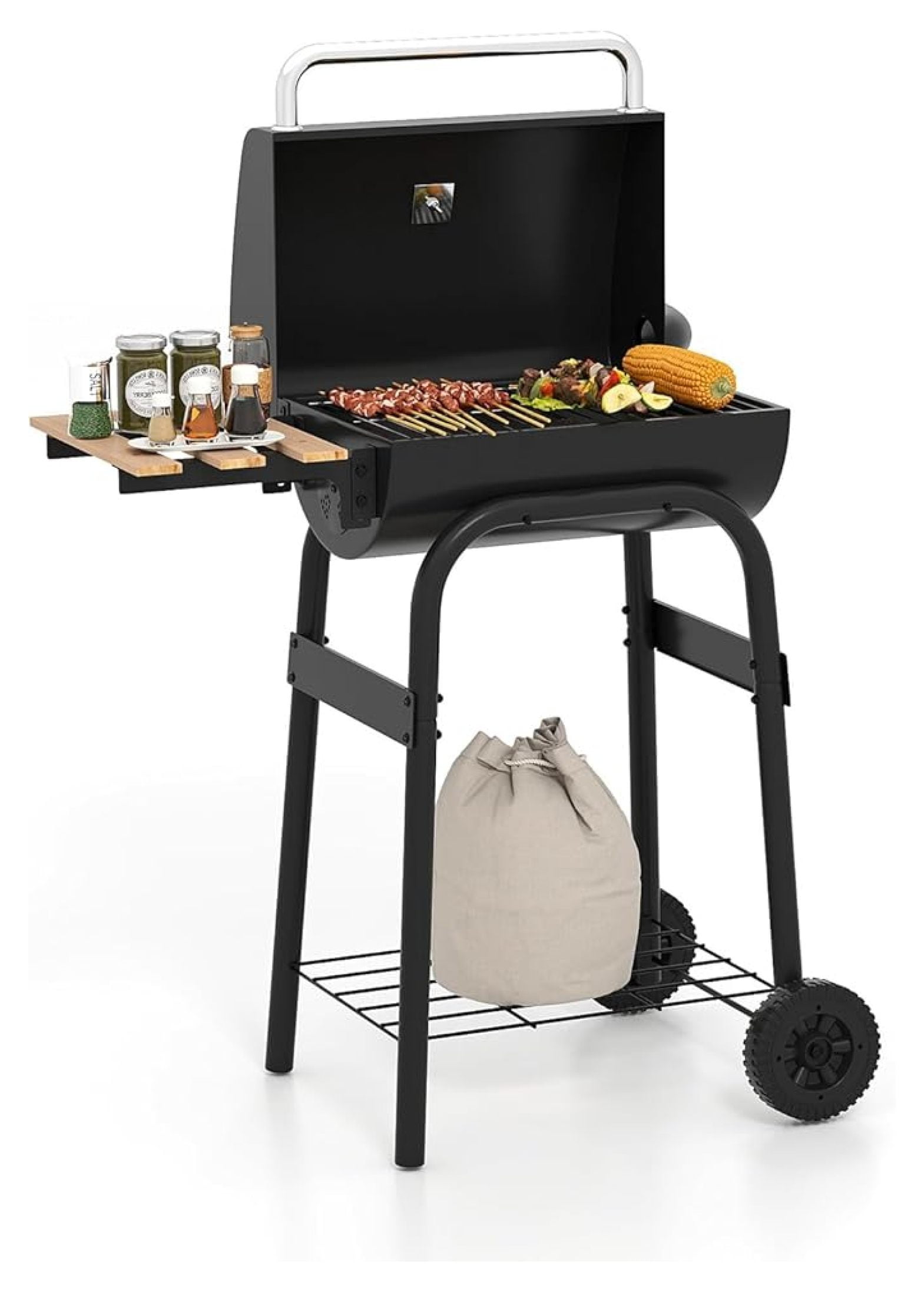 SHUZHIWANSHANG Charcoal Grill, Outdoor BBQ Smoker with Foldable Side Table and Wheels (198 sq in) e2x14
