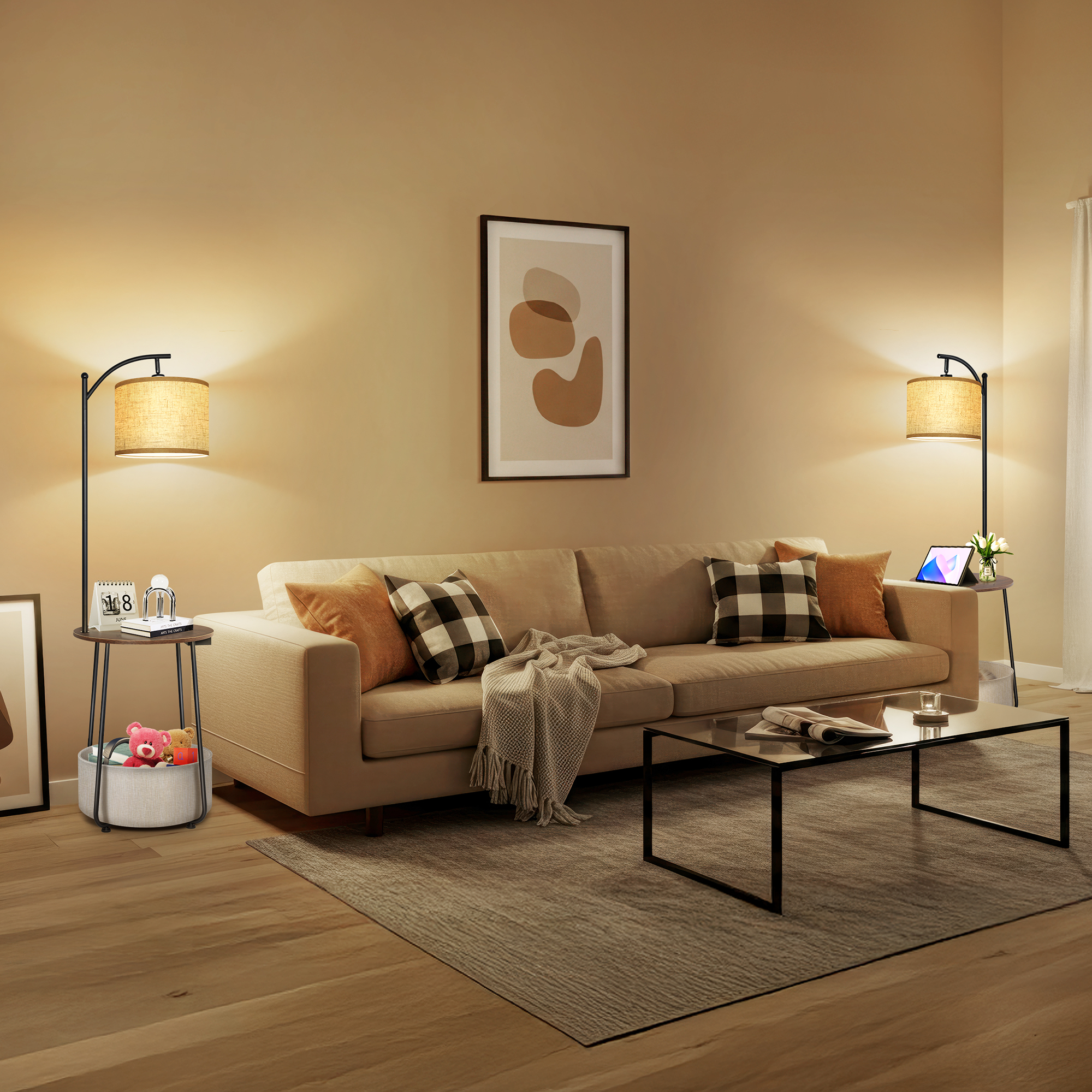 Outon Floor Lamp with Side Table, Dimmable LED Standing Lamp with USB-C Charging Port and Storage Shelf (Walnut, 61.4 in) 01dv6