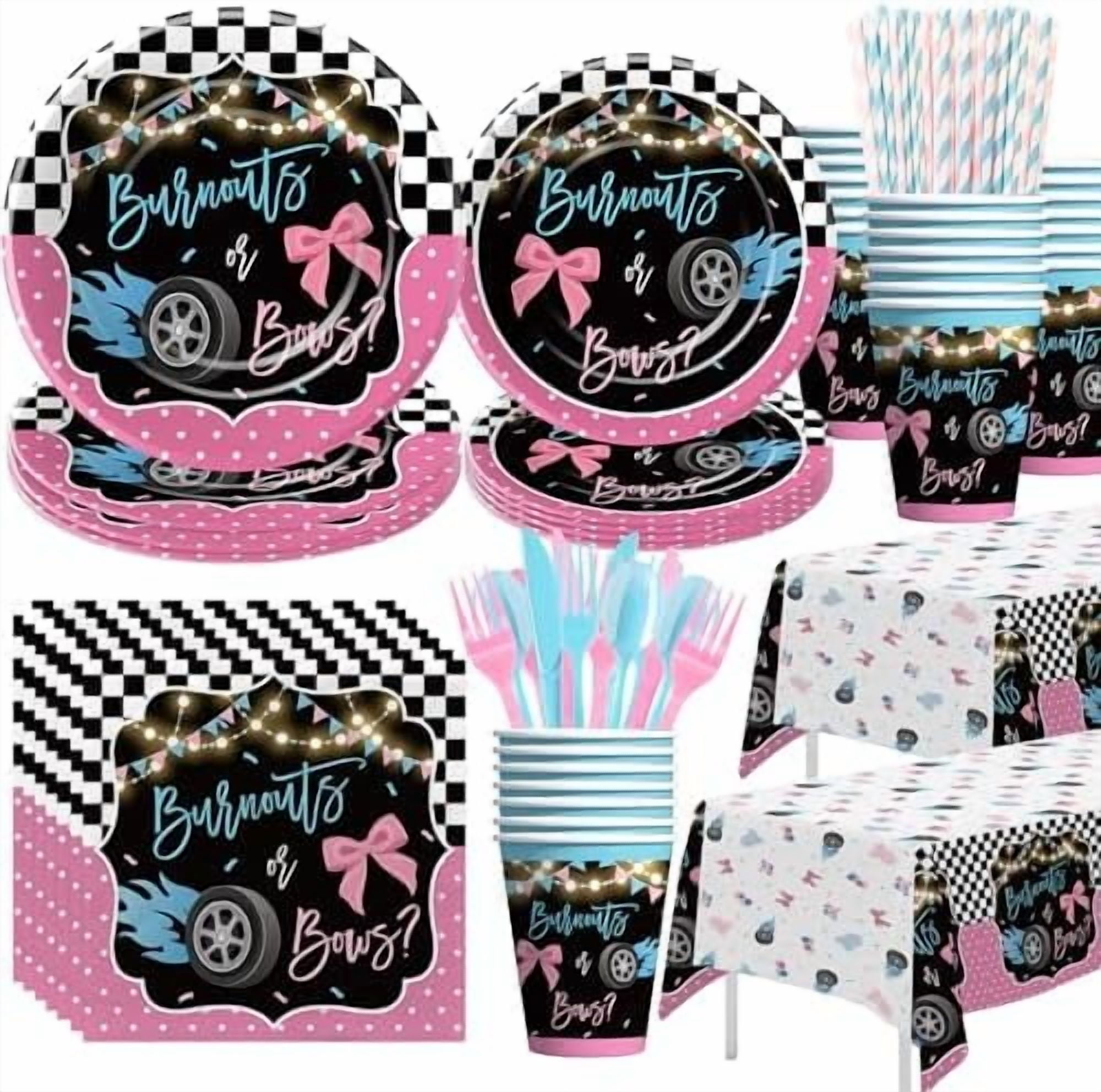 Burnouts or Bows Gender Reveal Party Supplies Set, Race Car vs Bows Baby Shower Tableware (Pink, Serves 24) cc7vy