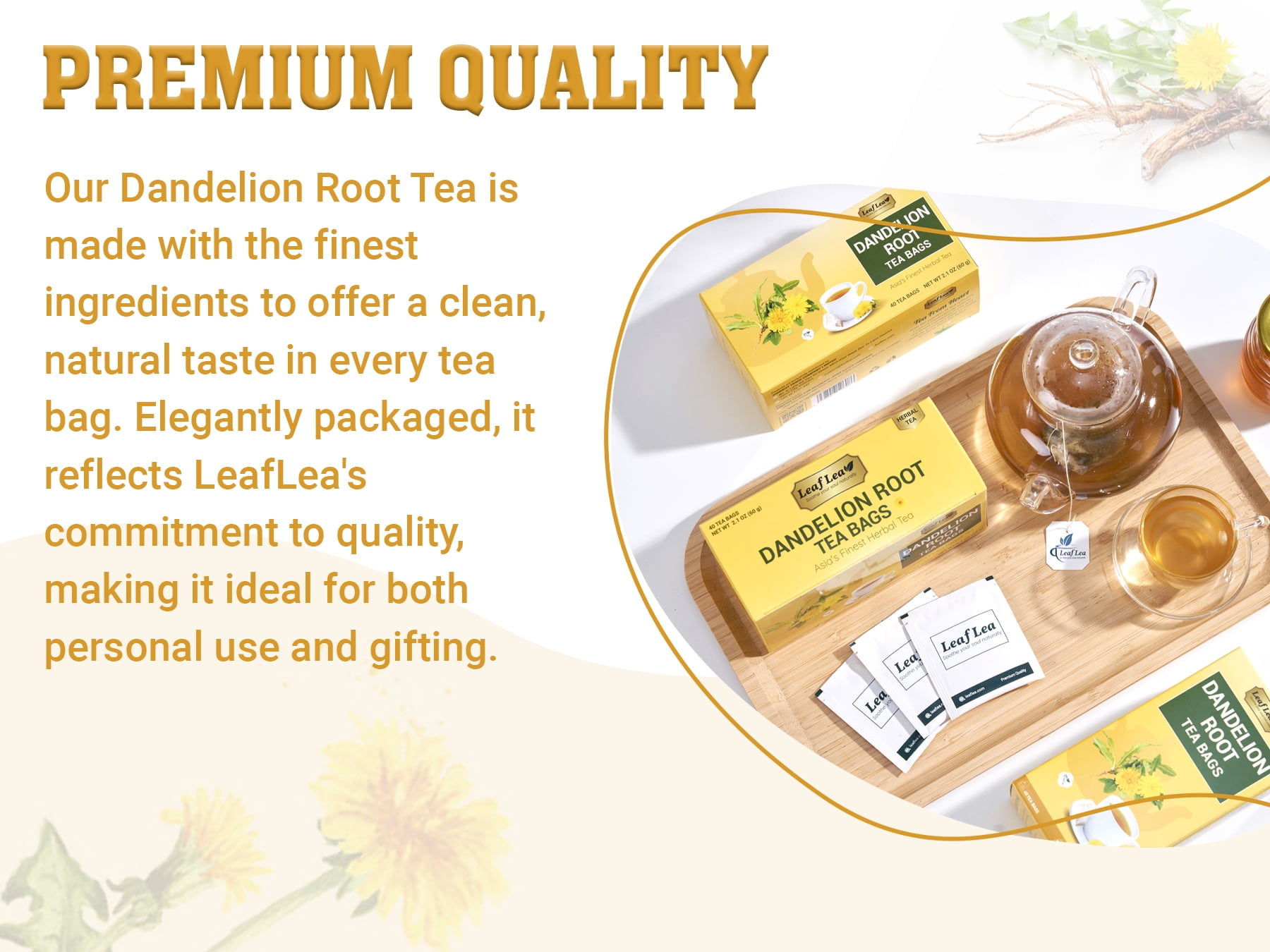 LeafLea Dandelion Root Herbal Tea Bags, Caffeine-Free Natural Tea Blend (240 Count, 6 Packs) l146r