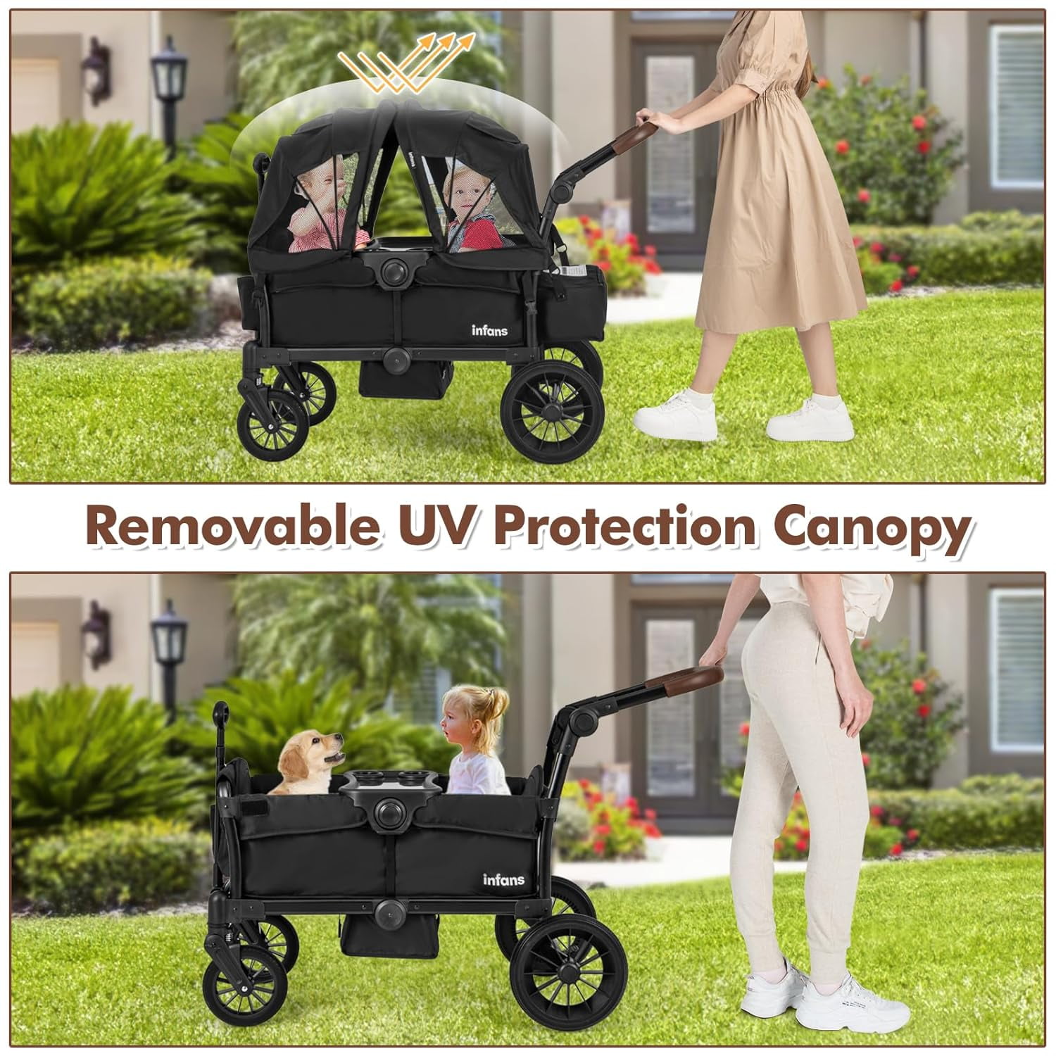INFANS 2-Seater Wagon Stroller, Collapsible Double Stroller with Adjustable Canopy and Snack Tray (Black, 41 in x 22 in x 42 in) 0vei3