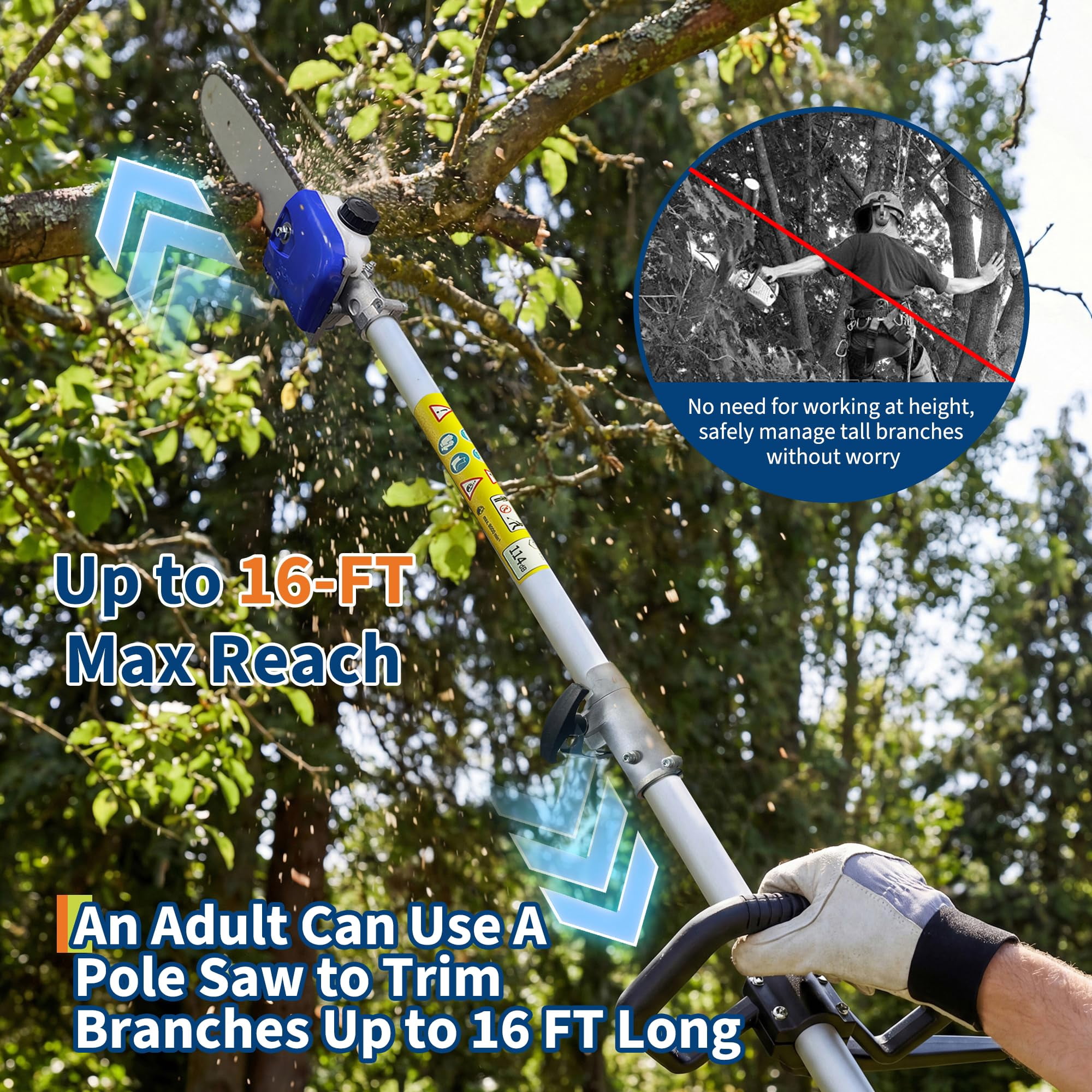 GOGRANT 43CC Gas Powered Pole Saw, 2-Stroke Engine with 12-in Bar, Anti-Vibration Handle for Tree Trimming and Branch Removal (12-in) jcklh