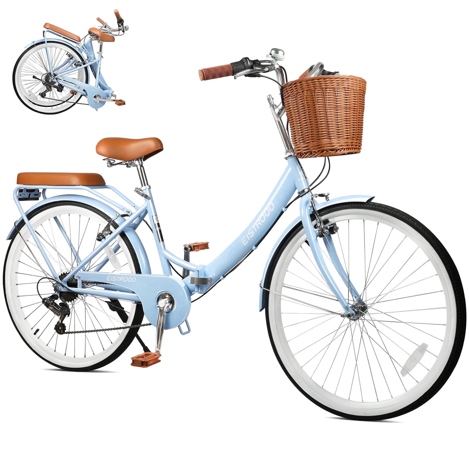 STICCIO 26 inch Folding Beach Cruiser Bike, 7-Speed Shimano City Bicycle with Basket and Rack (Blue, 26 in) u4hfg