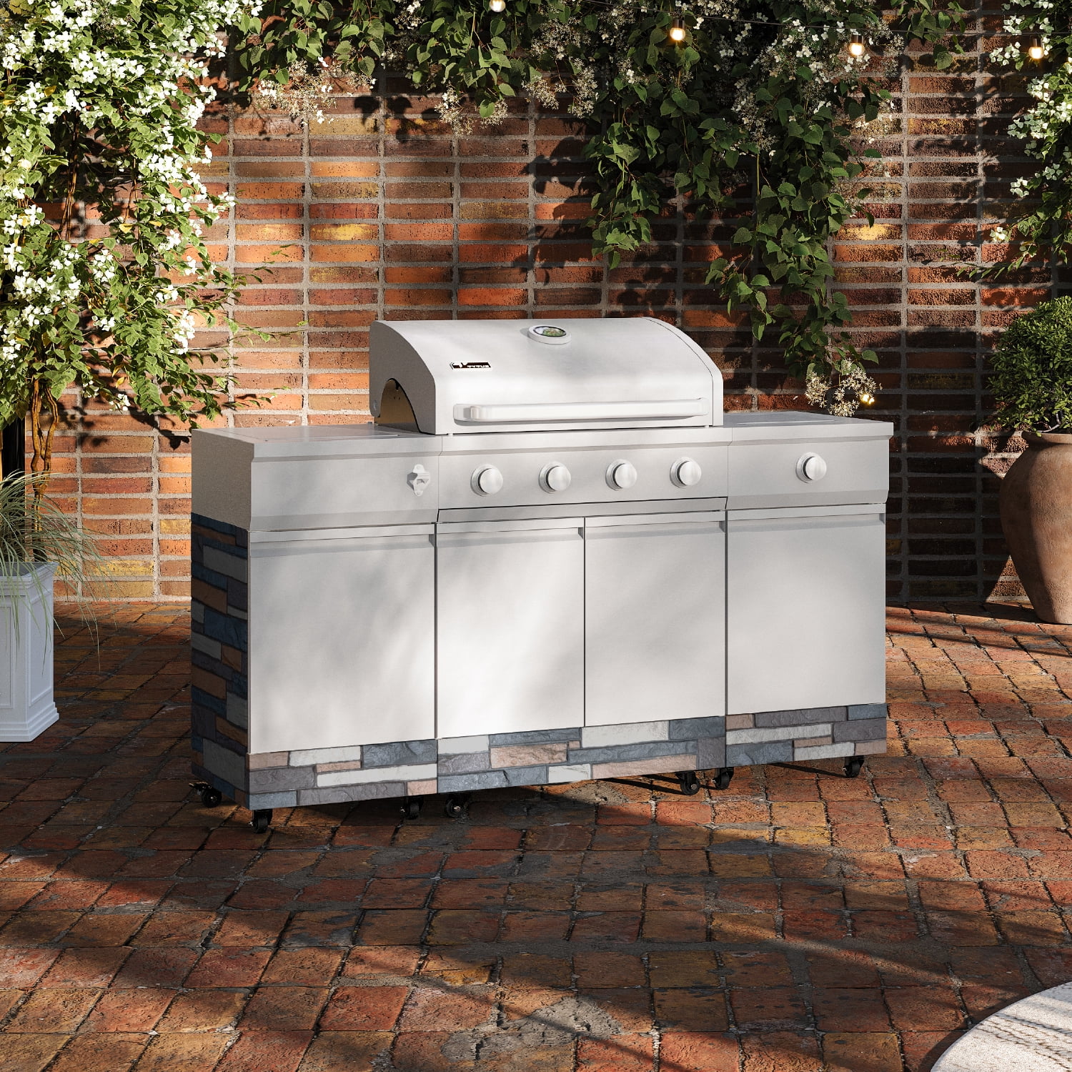 TYTUS Fresno 4-Burner Gas Grill Island Set with Cover, Griddle, Light, and Pizza Stone (Stainless Steel) q0xse