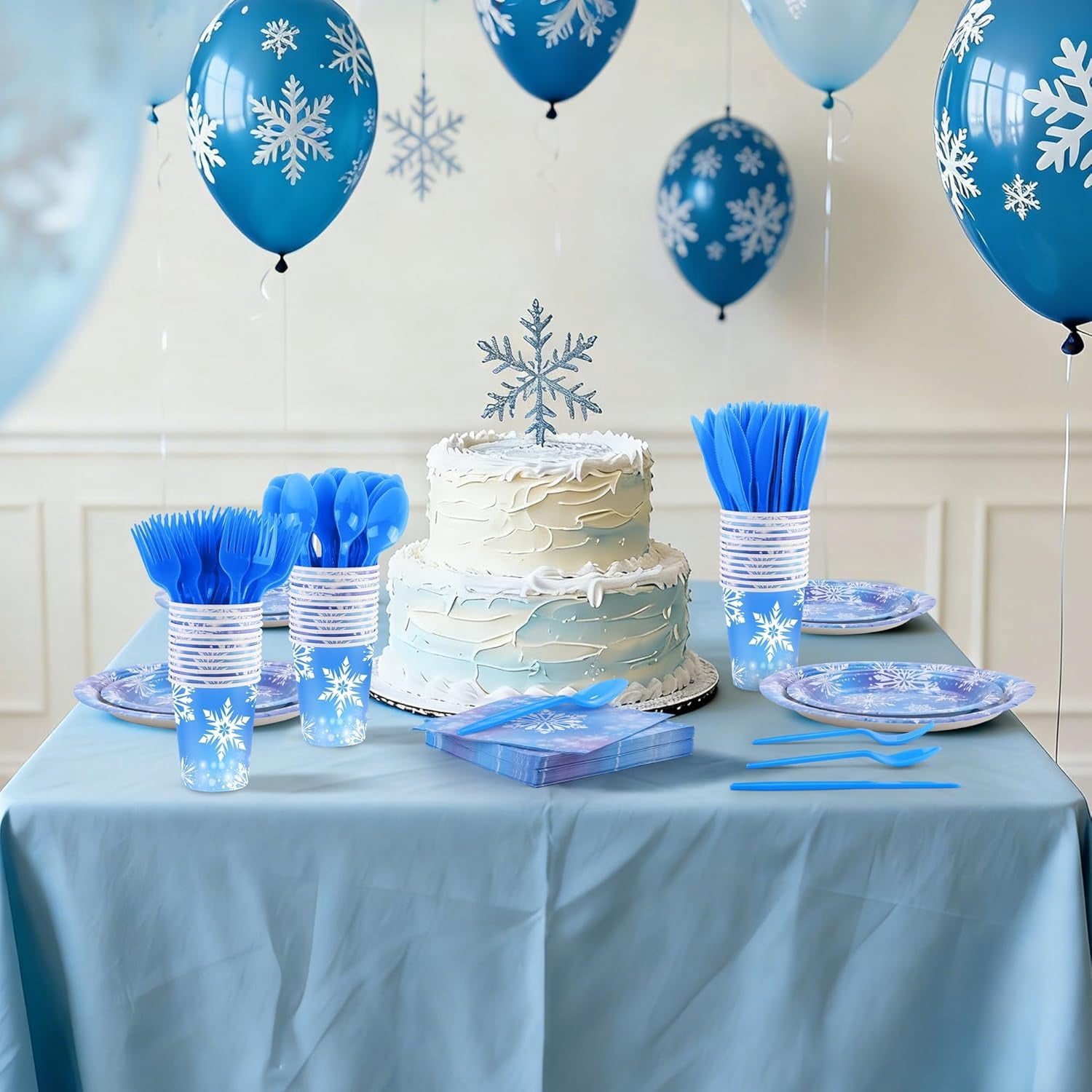 Generic Frozen Party Supplies Set Snowflake Tableware for 50 Guests (White/Blue, 350 Pieces) s9efh