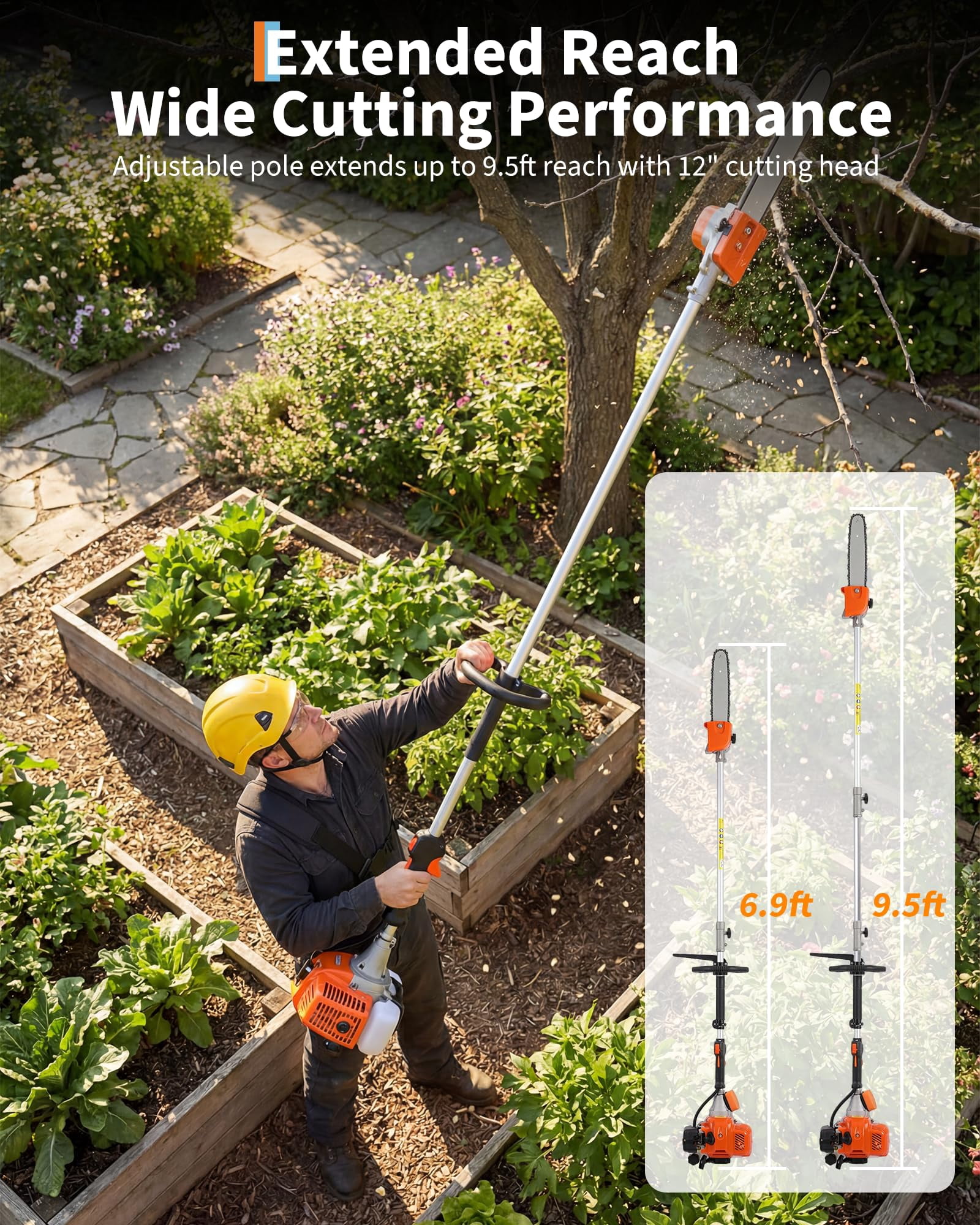Tuekys Gas Pole Saw for Tree Trimming, 43cc 2-Stroke Extendable Chainsaw, Professional Long Reach Branch Cutter (Blue, 9.5 ft) rh8xl
