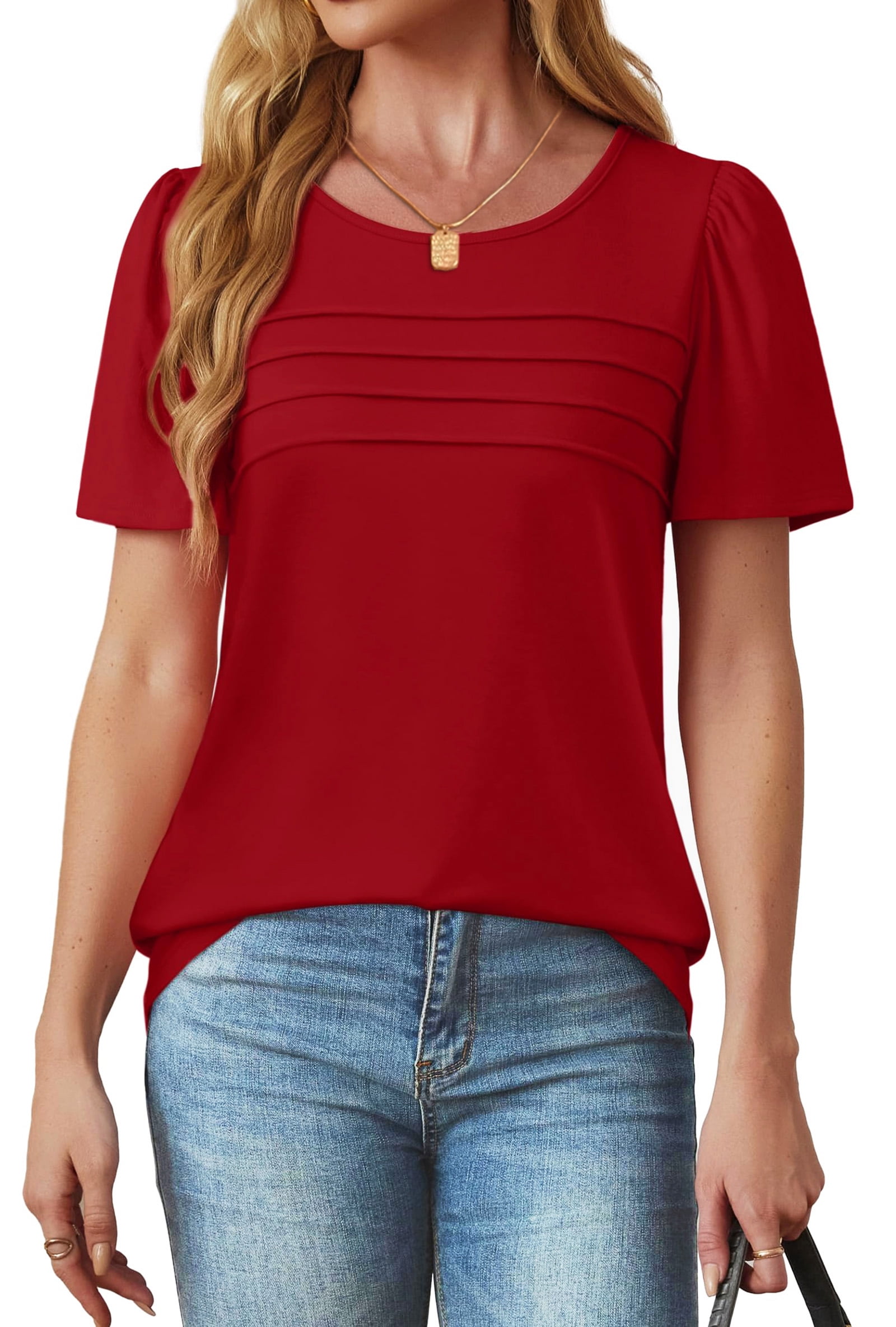 Fantaslook Women's Dressy Casual Tunic Top Short Sleeve Pleated Crew Neck Shirt (Red, L) dv9ty