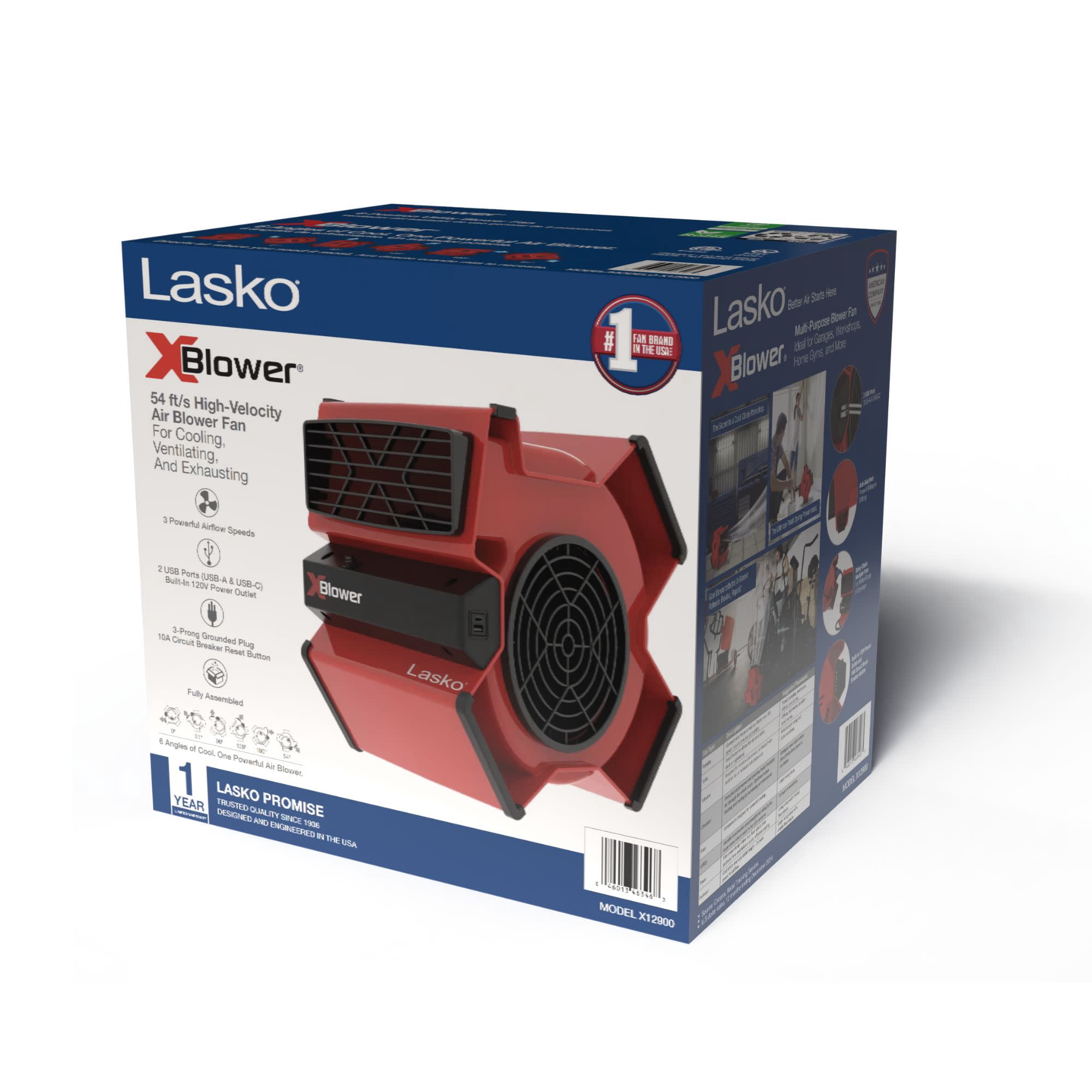 Lasko X-Blower 11 in High Velocity Utility Fan with USB Ports and Power Outlet (Red, 11 in) hkx2j