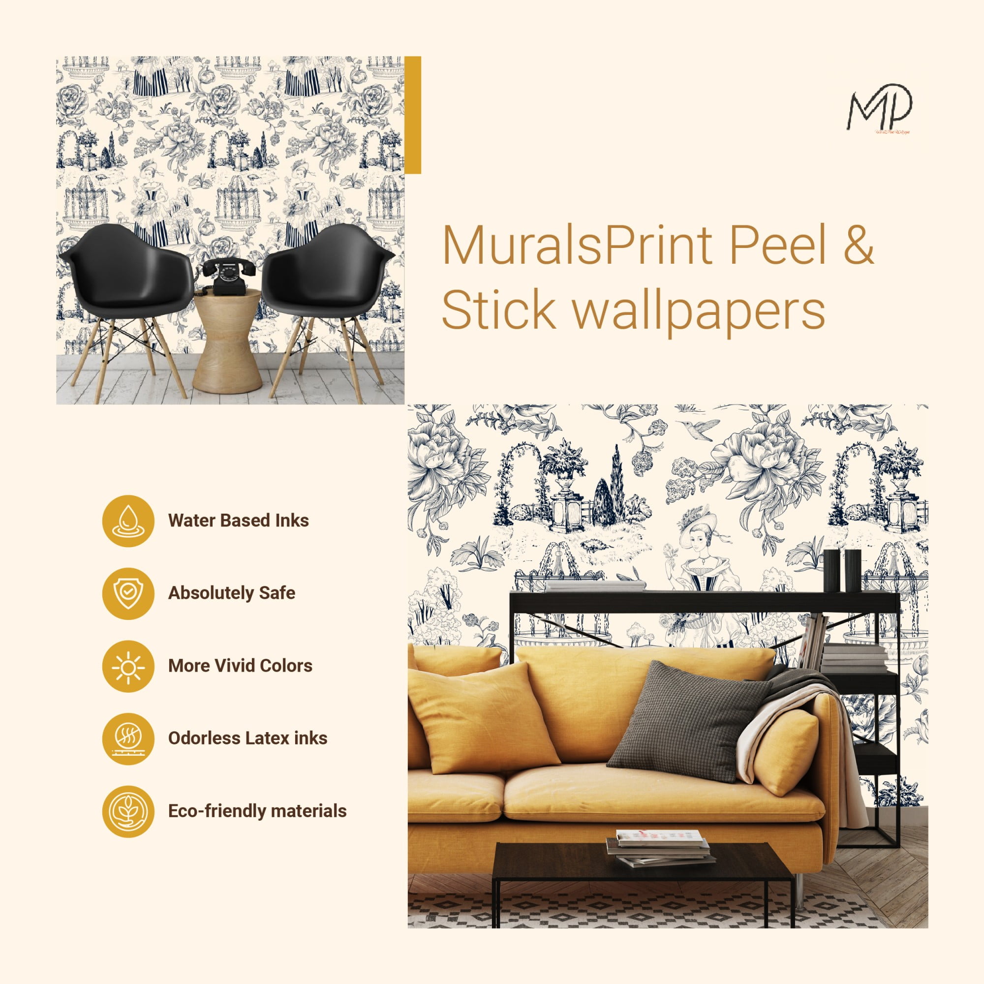MuralsPrint Toile De Jouy Peel and Stick Wallpaper, Removable Floral Wall Decor (Beige, 10 ft x 24 in) 854ep