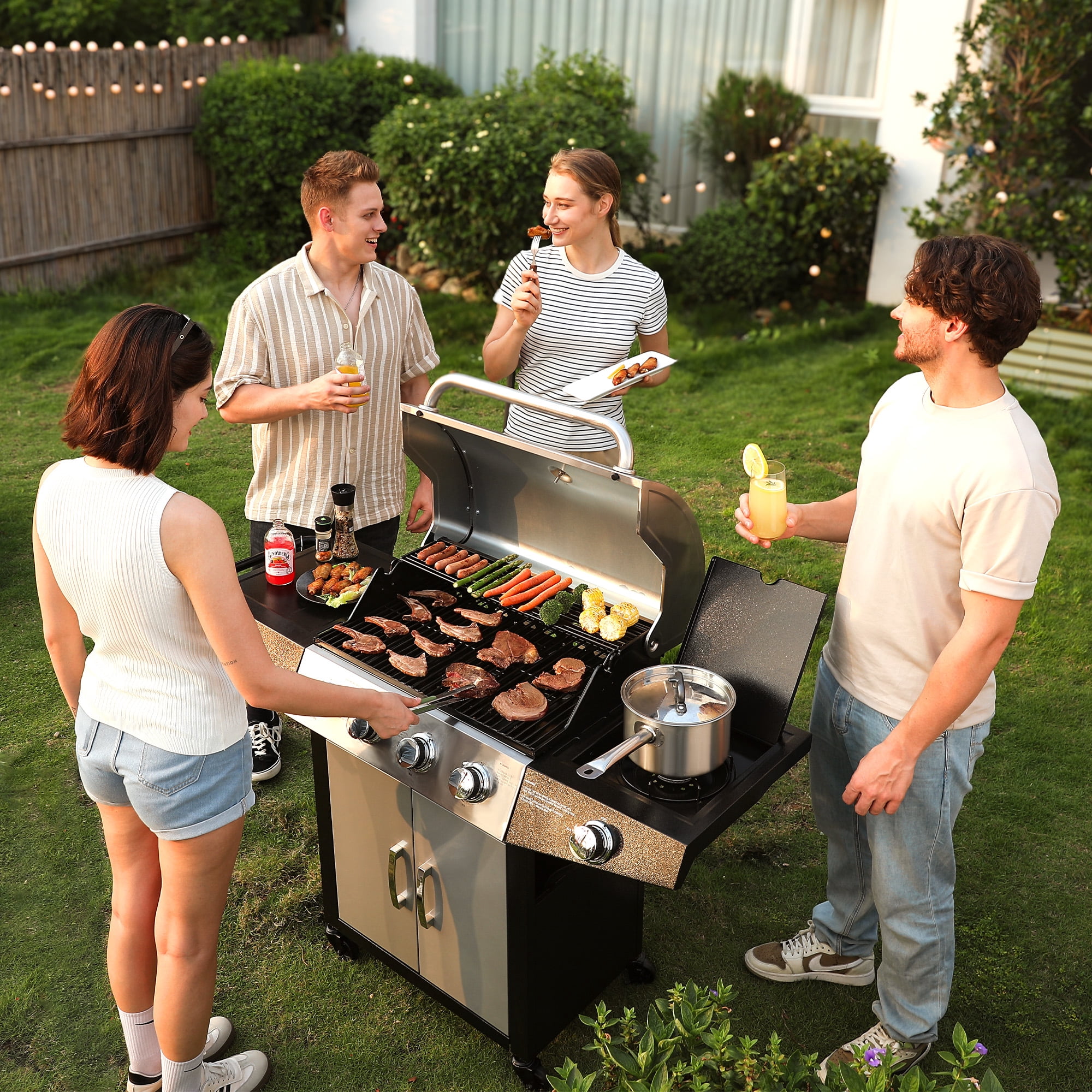 Master Cook 4+1 Burner Propane Gas Grill, Outdoor BBQ Station with Side Stove and Stainless Steel Lid (Silver, 518 Sqin) am193