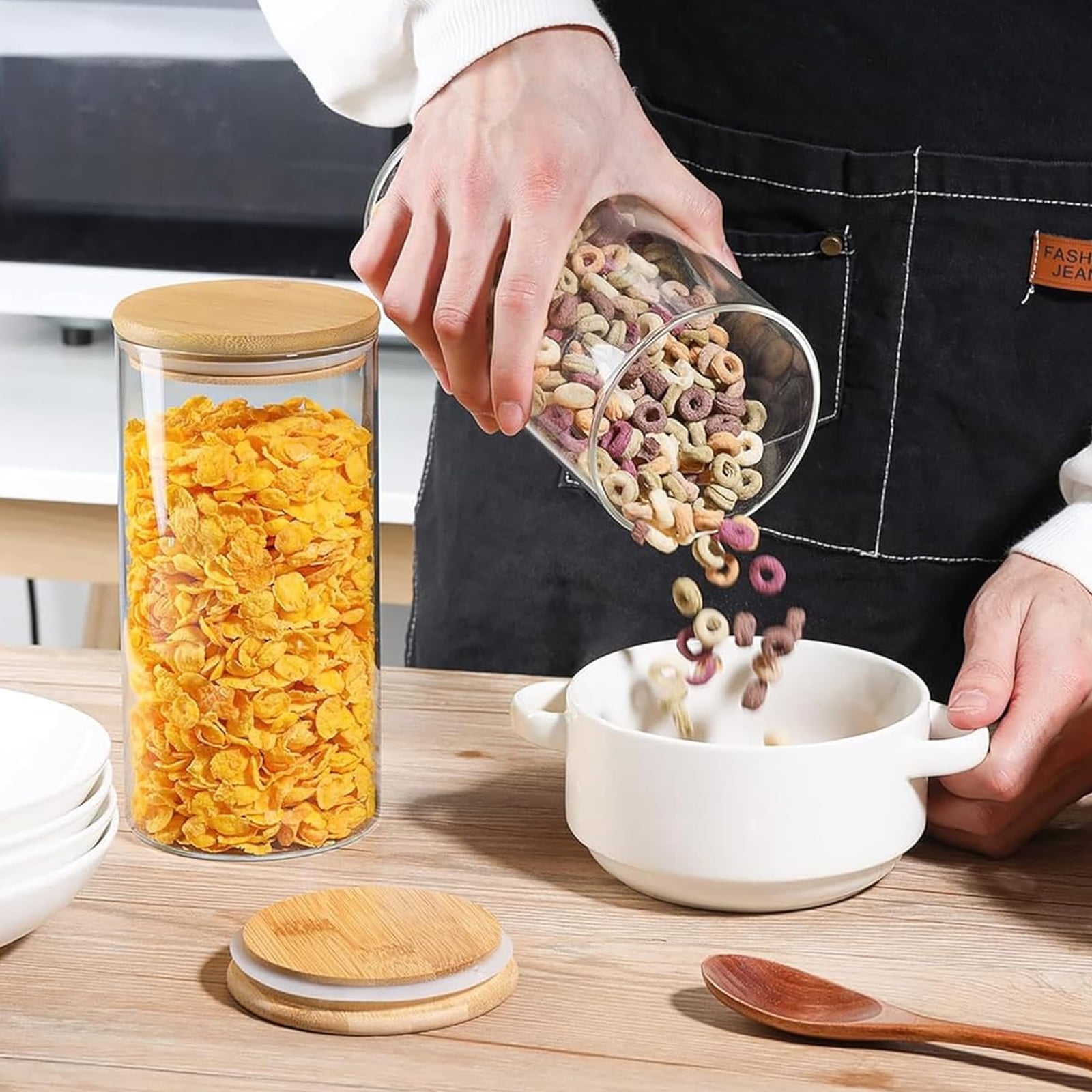 Foukus Glass Food Storage Containers with Bamboo Lids, Airtight Pantry Organizer for Dry Goods (Clear, 6 Pack, 25 oz) 4jhnn