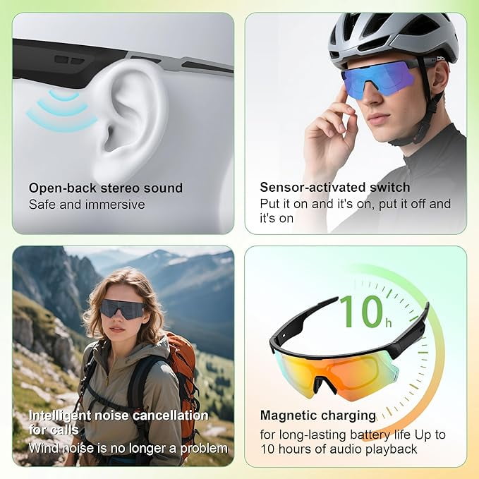Blackview Smart Bluetooth Cycling Glasses with Open-Ear Audio, Polarized UV Protection Lenses, Built-in Mic & Magnetic Charging (Black, One Size) 2flj3