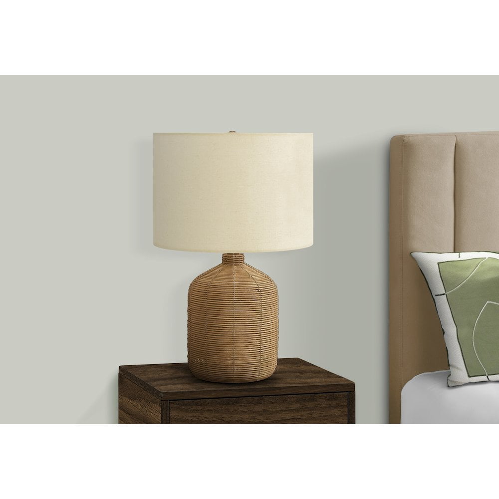 Monarch Modern Table Lamp with Rattan Base and Beige Fabric Shade (23 in. H) c0i59