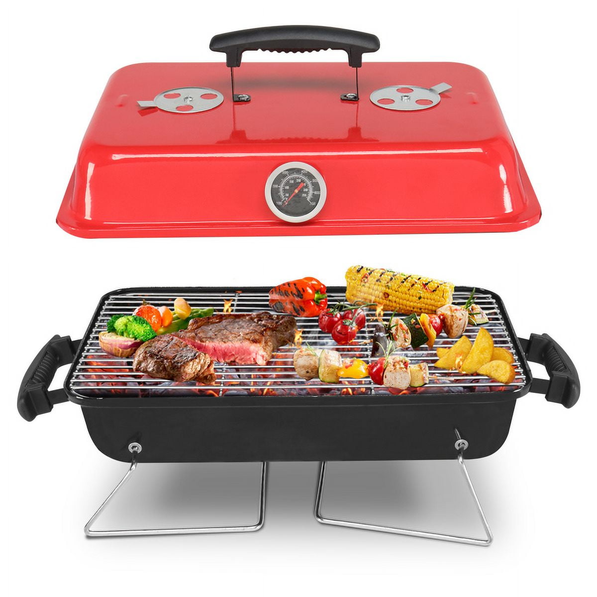 Alvantor Portable Charcoal Grill, Tabletop BBQ Smoker with Thermometer and Air Dampers (Red, 14 in) 40so6