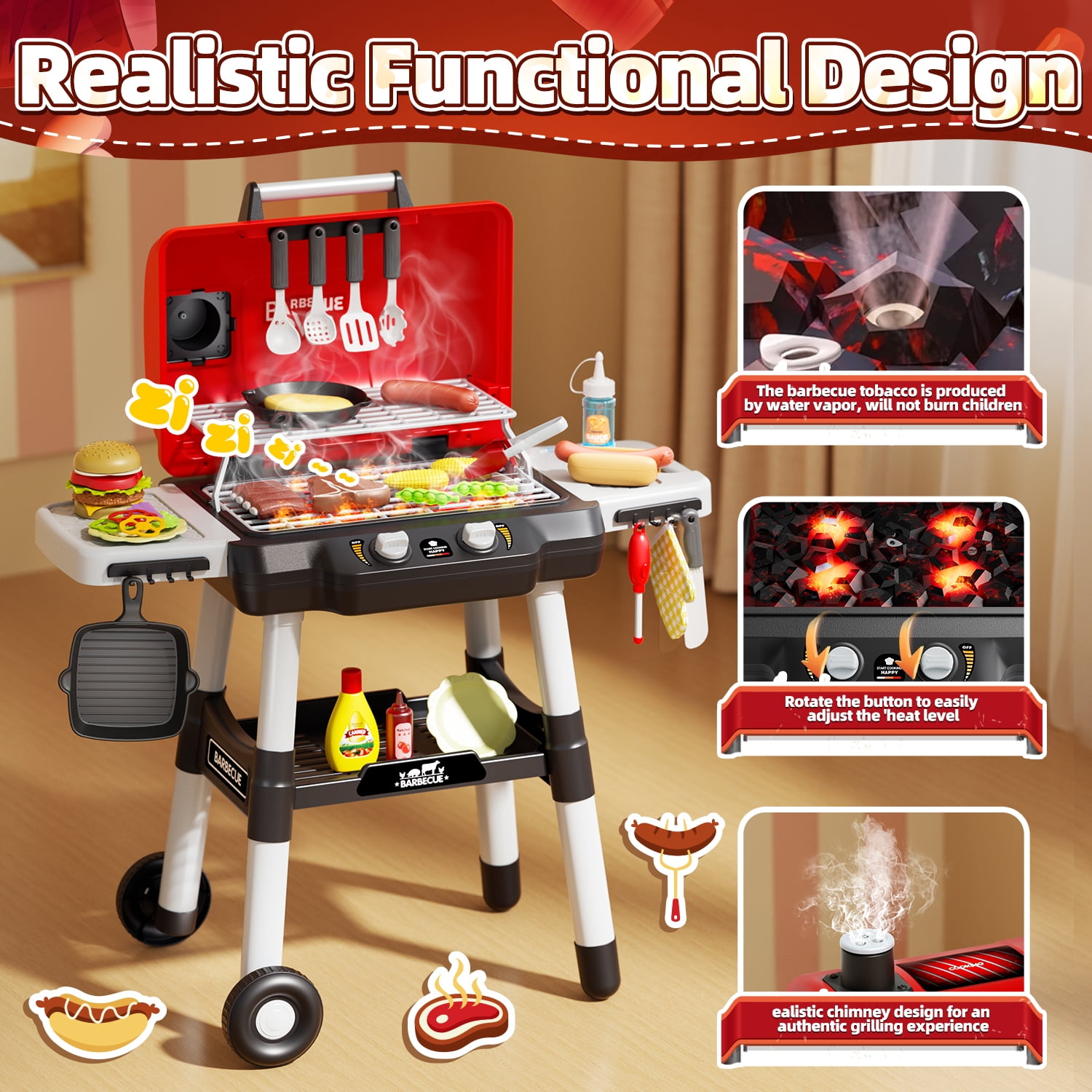 WonderStone BBQ Grill Playset for Kids, Interactive Kitchen Cooking Toy with Realistic Smoke and Sound Effects (Black, 36 Pieces) uwfqu