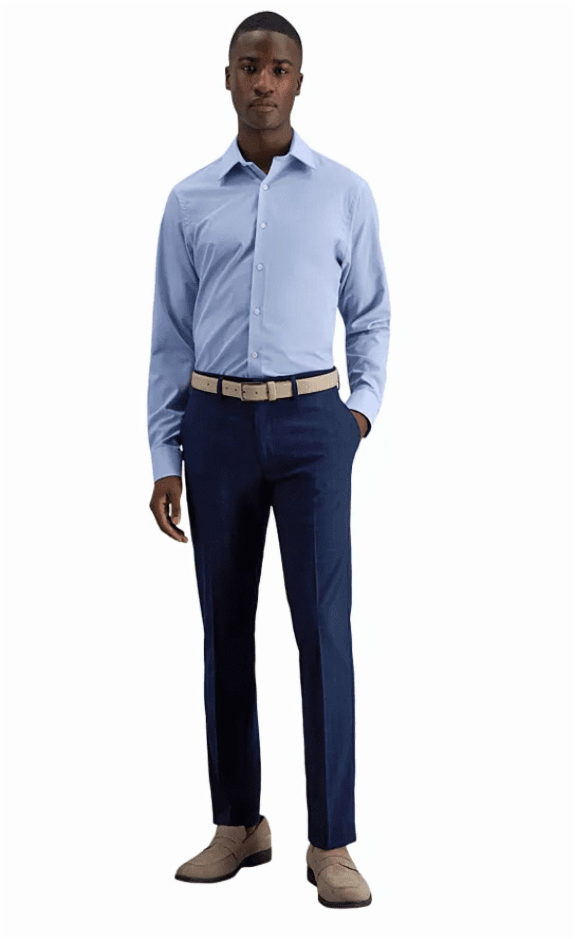 Kenneth Cole Men's Slim Fit Dress Pants Stretch Plaid Flat Front Trousers (Navy Blue, 34 in x 32 in) 6g0za
