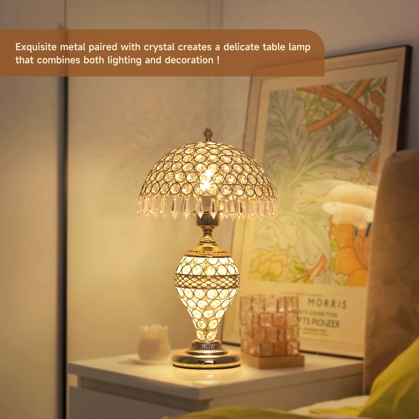 xiaojuande Crystal Table Lamp Modern LED Bedside Light with 3-Level Dimming (Silver, 9.8 in) 3v253