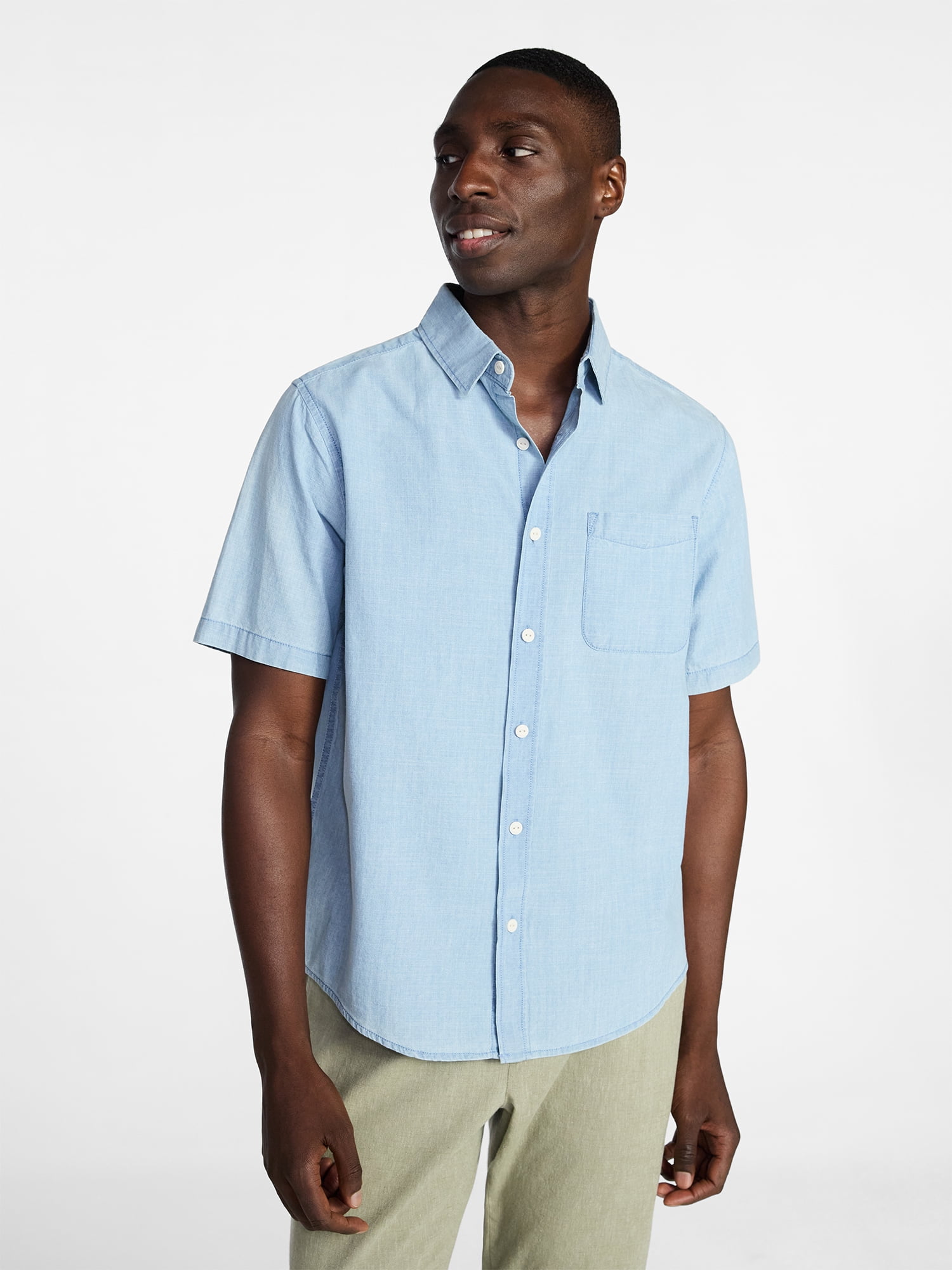 George Men's Modern Fit Chambray Short Sleeve Button Up Shirt (Blue, XS) xgsti