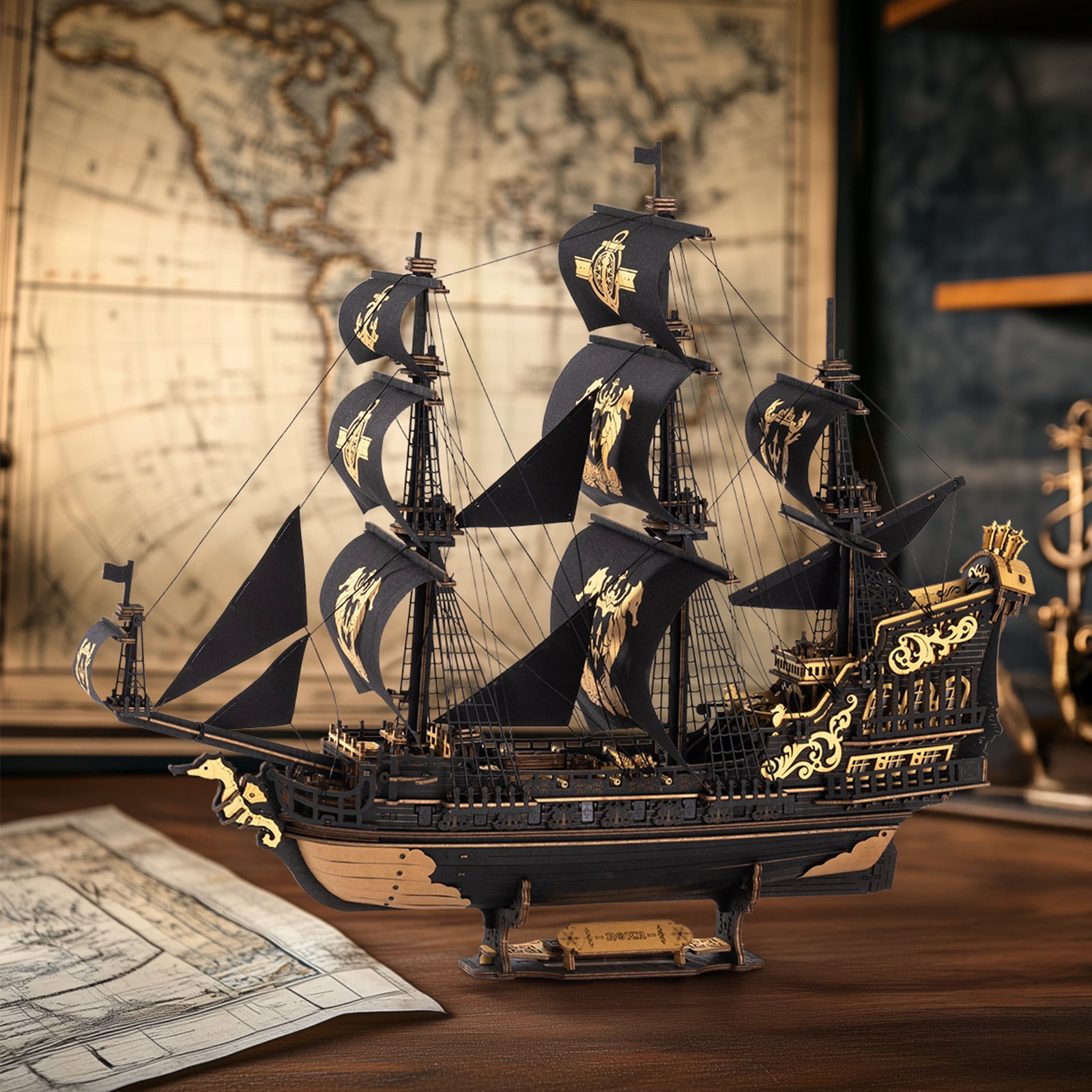 Robotime Wooden 3D Puzzle The Seahorse Barque Mechanical Model Kit (Black and Gold, 603 Pieces) 3snf6