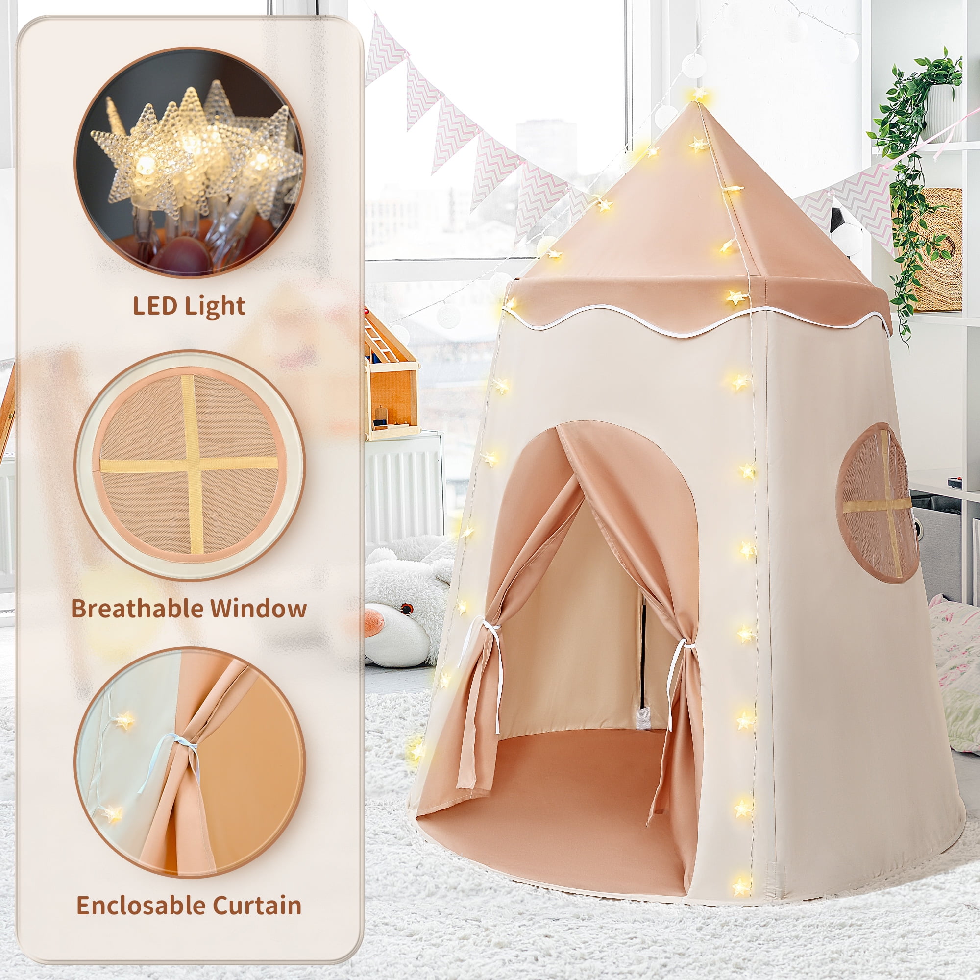 TOPFOX Pop Up Kids Play Tent Indoor Outdoor Playhouse with LED Lights (Yellow, 48 in x 48 in x 40 in) f0ysh