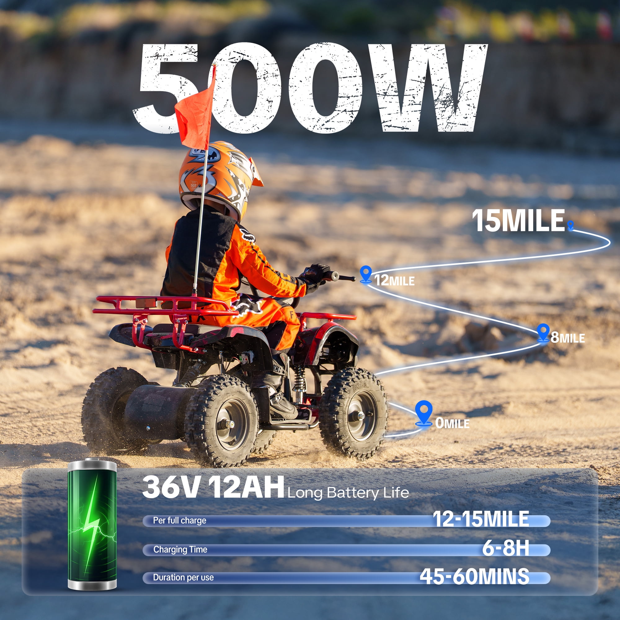 Aoemoe 500W 36V Electric Off-Road ATV Ride-On Quad for Kids (Orange, 41 in L x 26 in W x 23 in H) bv5aa - Image 5