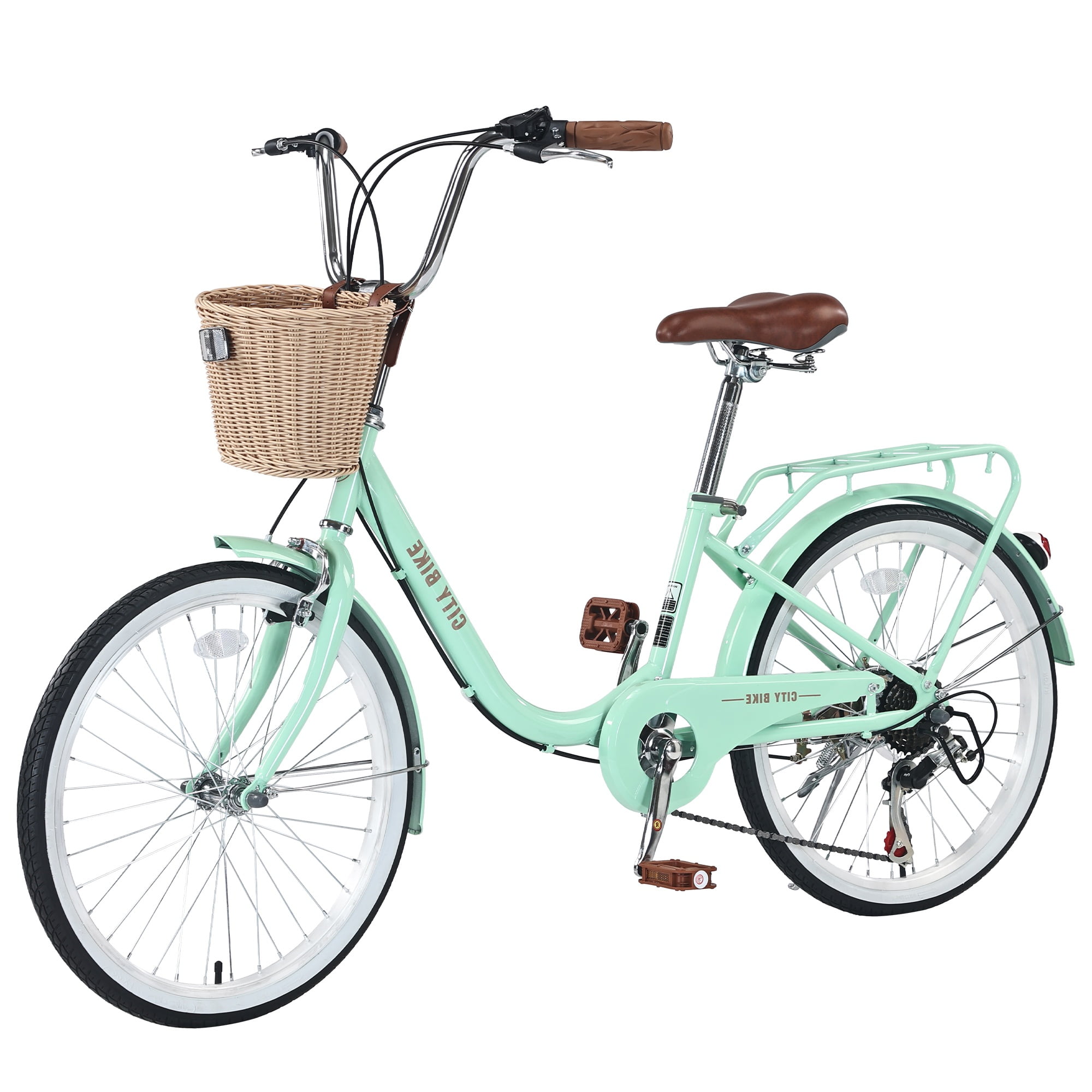 Meiyiu 22-inch City Cruiser Bike, 7-Speed Steel Frame Commuter Bicycle with Basket (Green, 13-inch Frame) 7wyc1