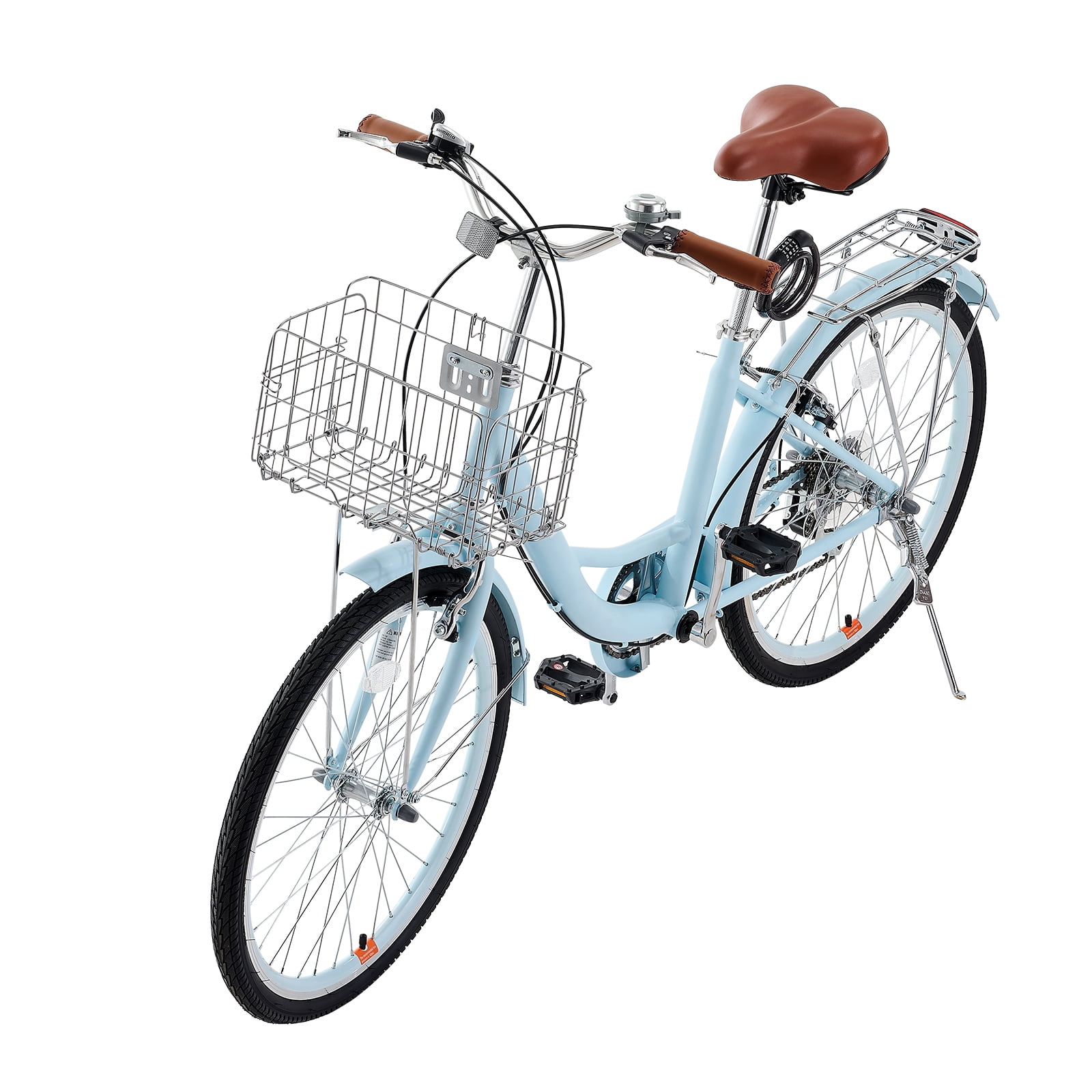 KFFKFF 26 in Cruiser Bike, 7-Speed Coastal Bicycle with Basket and Rear Rack (Pale Blue, 26 in) pbm3a
