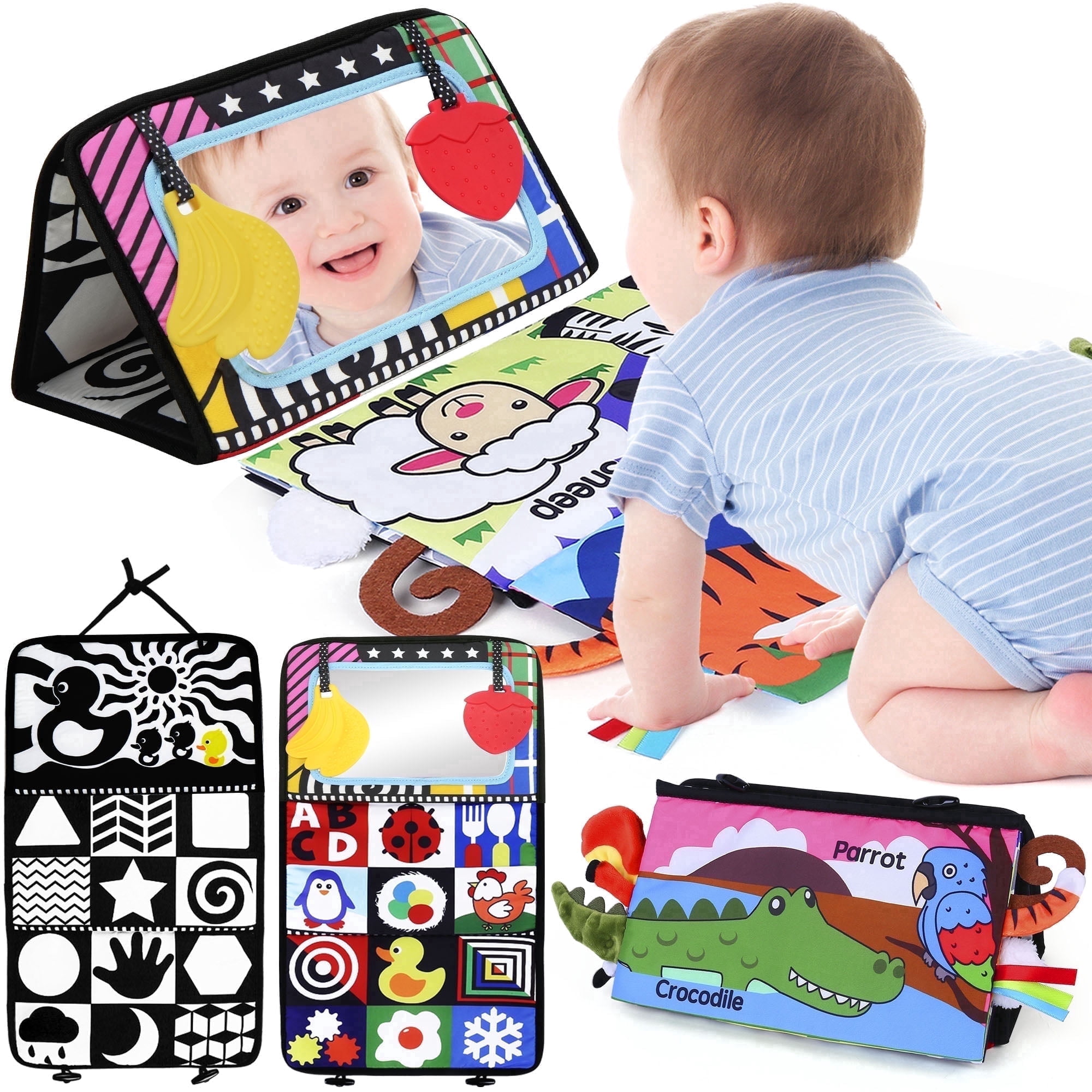 LotFancy Baby Tummy Time Mirror and Crinkle Cloth Book Set (Black and White, 2 Piece Set) l785z