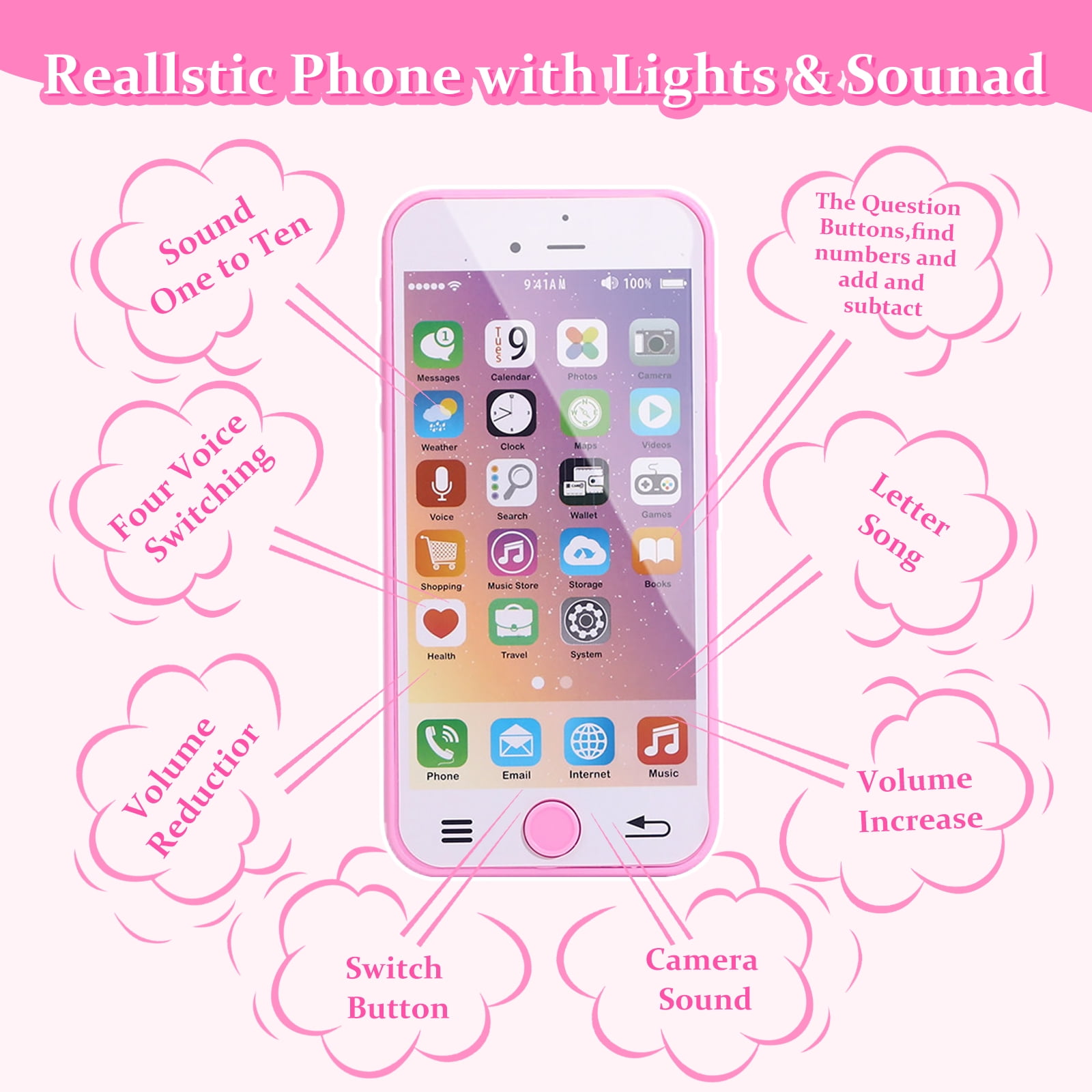 Somnr 31-Piece Kids Pretend Play Purse and Makeup Accessory Set with Musical Toy Phone (Pink, 31-Piece) ci0uu