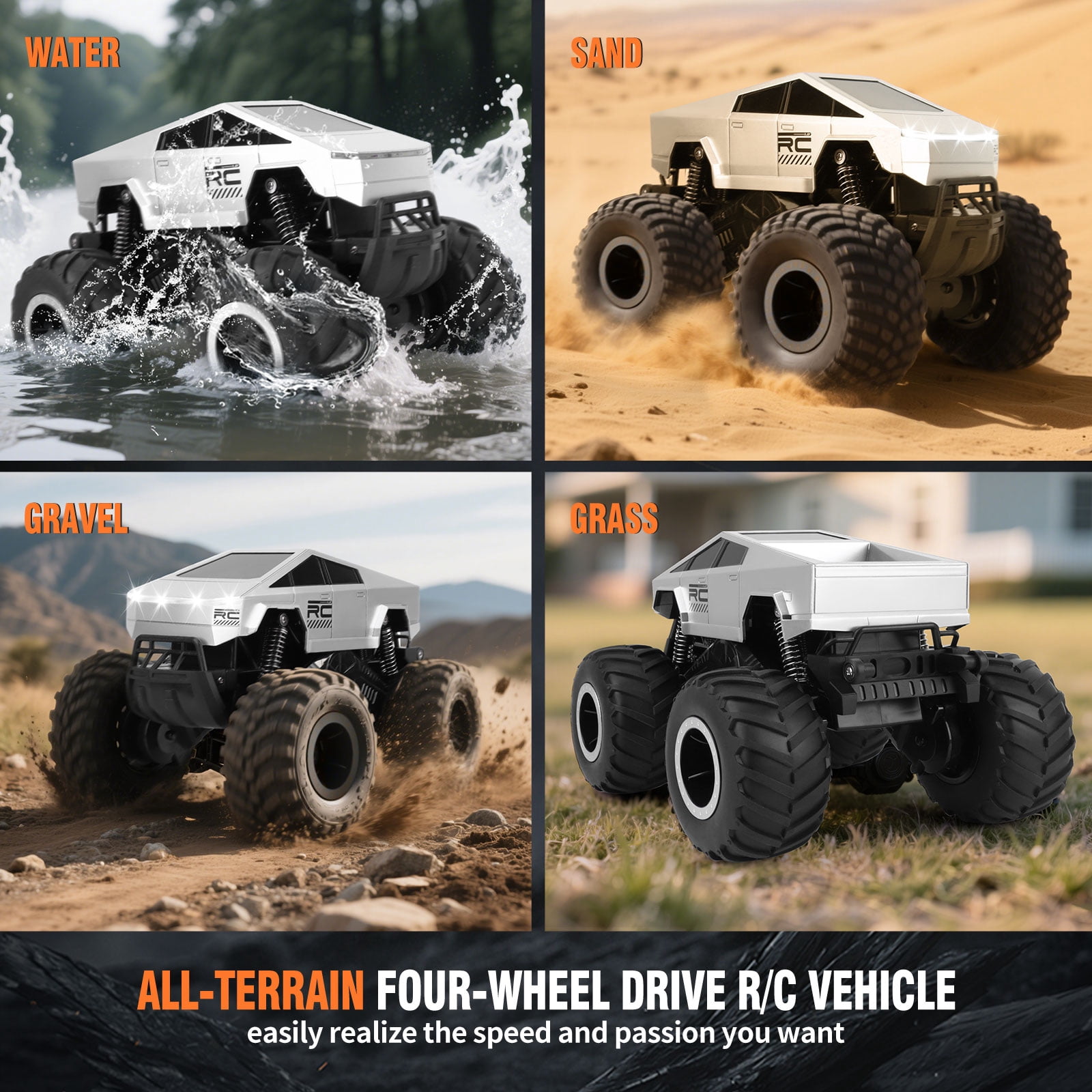 Sumsoltic Amphibious RC Monster Truck, 4WD All Terrain Stunt Car, 2.4GHz Remote Control Vehicle (Silver, 1:16 Scale) 0xjn0