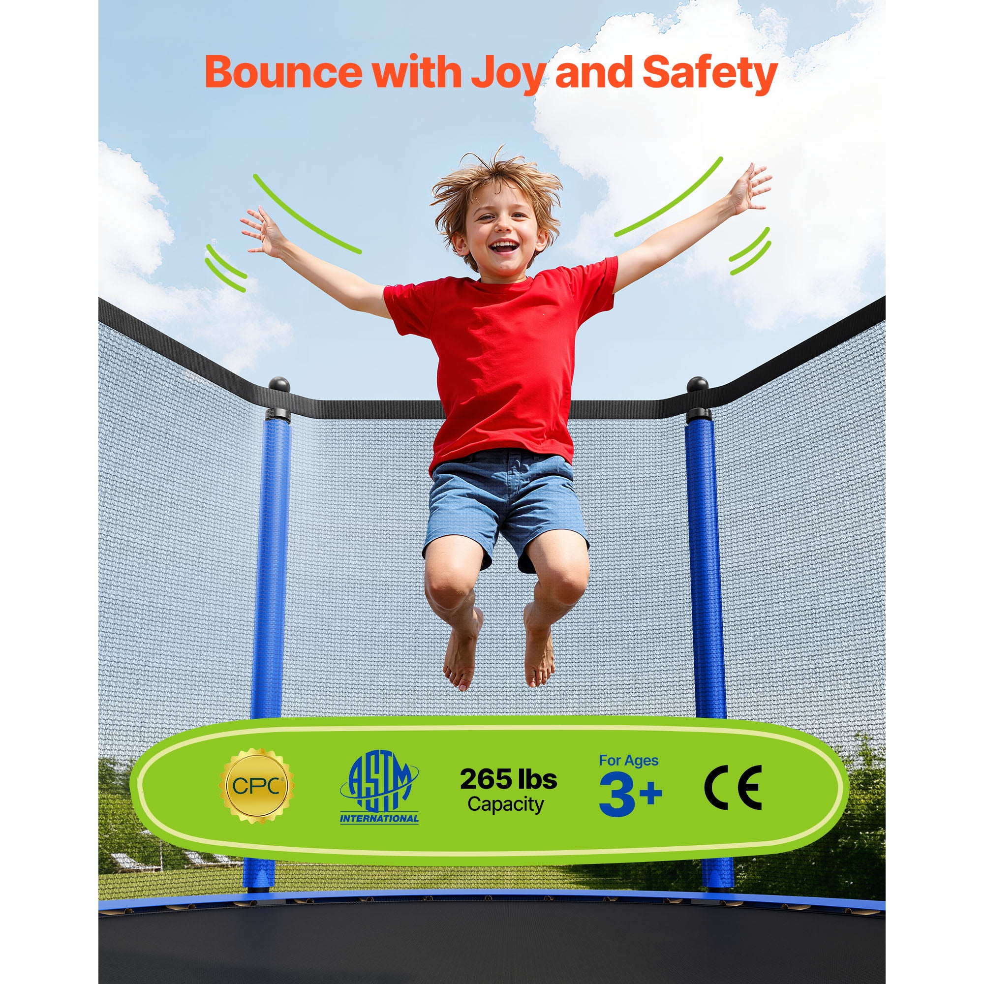 KFFKFF 8ft Outdoor Trampoline with Safety Enclosure, Rust-Resistant Steel Frame, High-Bounce Recreational Set (Black, 8ft) whsg3